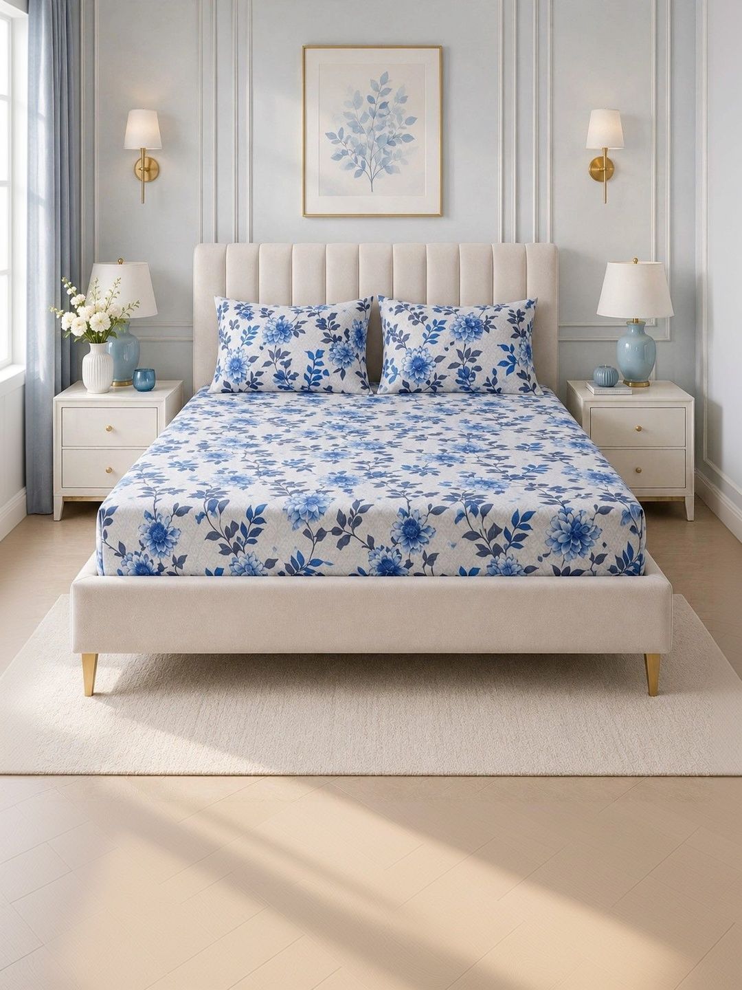 Myntra Elegant Homes White & Blue Floral 350 TC King Bedsheet with 2 Pillow Covers