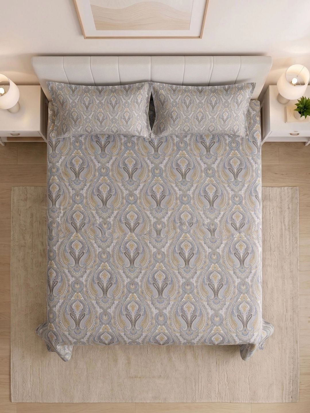 MAFATLAL Gold-Toned & Grey Queen Bedsheet with 2 Pillow Covers-image-19