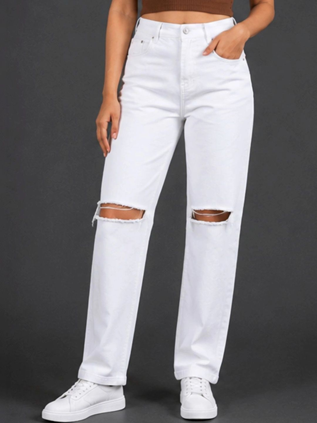 HERE&NOW Women Classic Straight Fit Mid-Rise Slash Knee Stretchable Jeans-picture-10