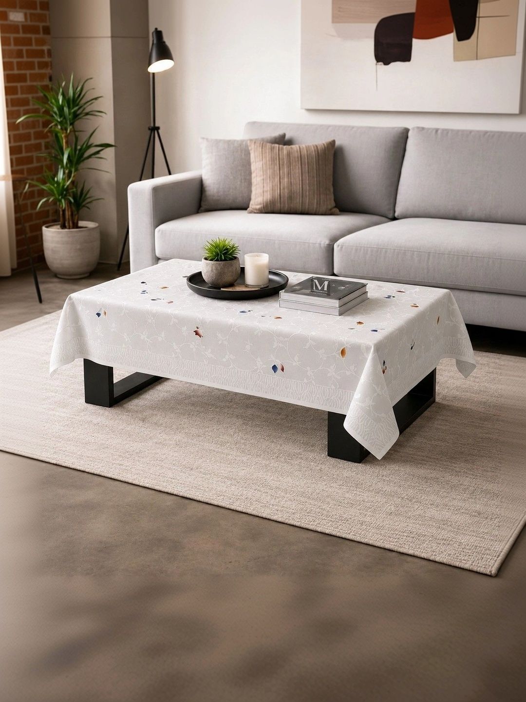 RYKA White Floral Cotton 4-Seater Table Cover with Textured details-picture-41