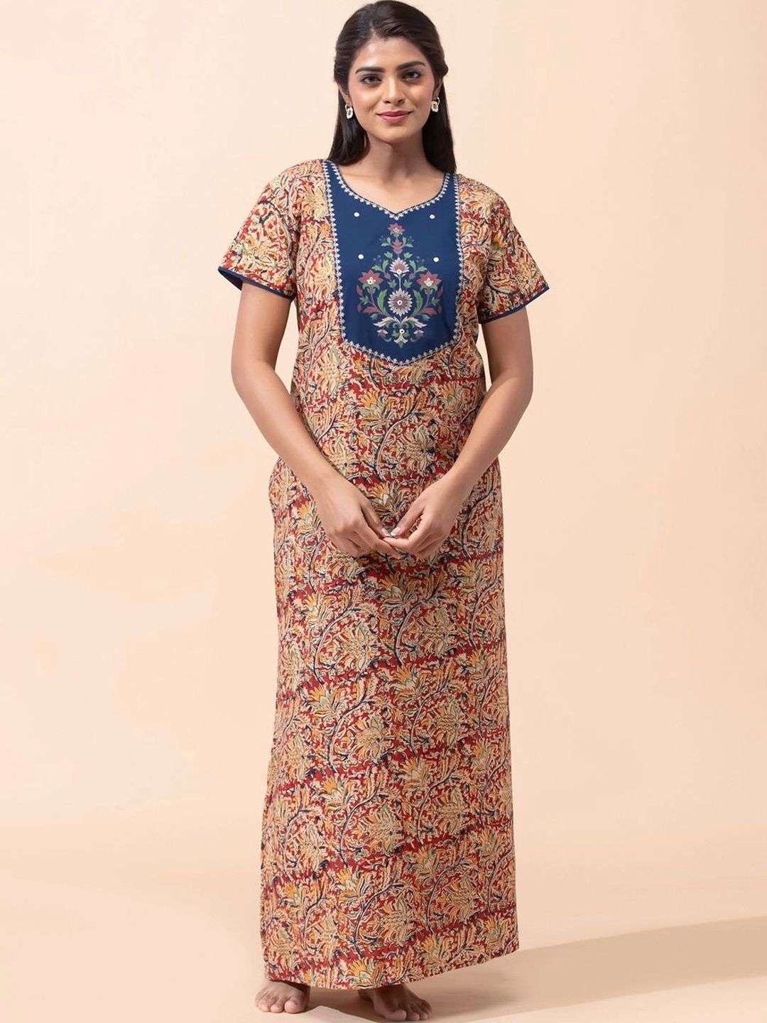 Maybell Women Maroon Kalamkari Printed Cotton Short Sleeve V-Neck Night Dress-picture-50