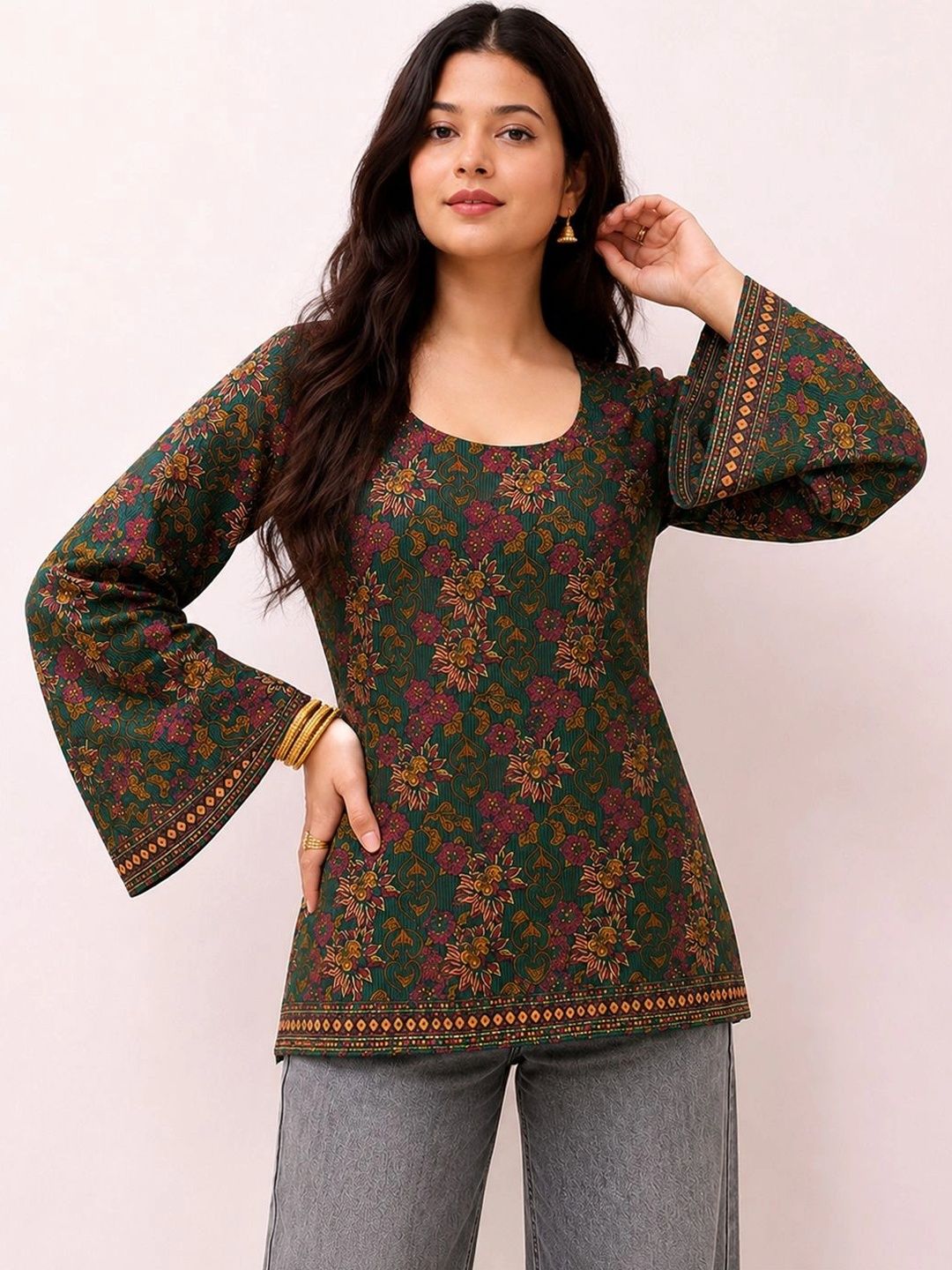 SZN Floral Printed Flared Sleeves Kurti-image-22