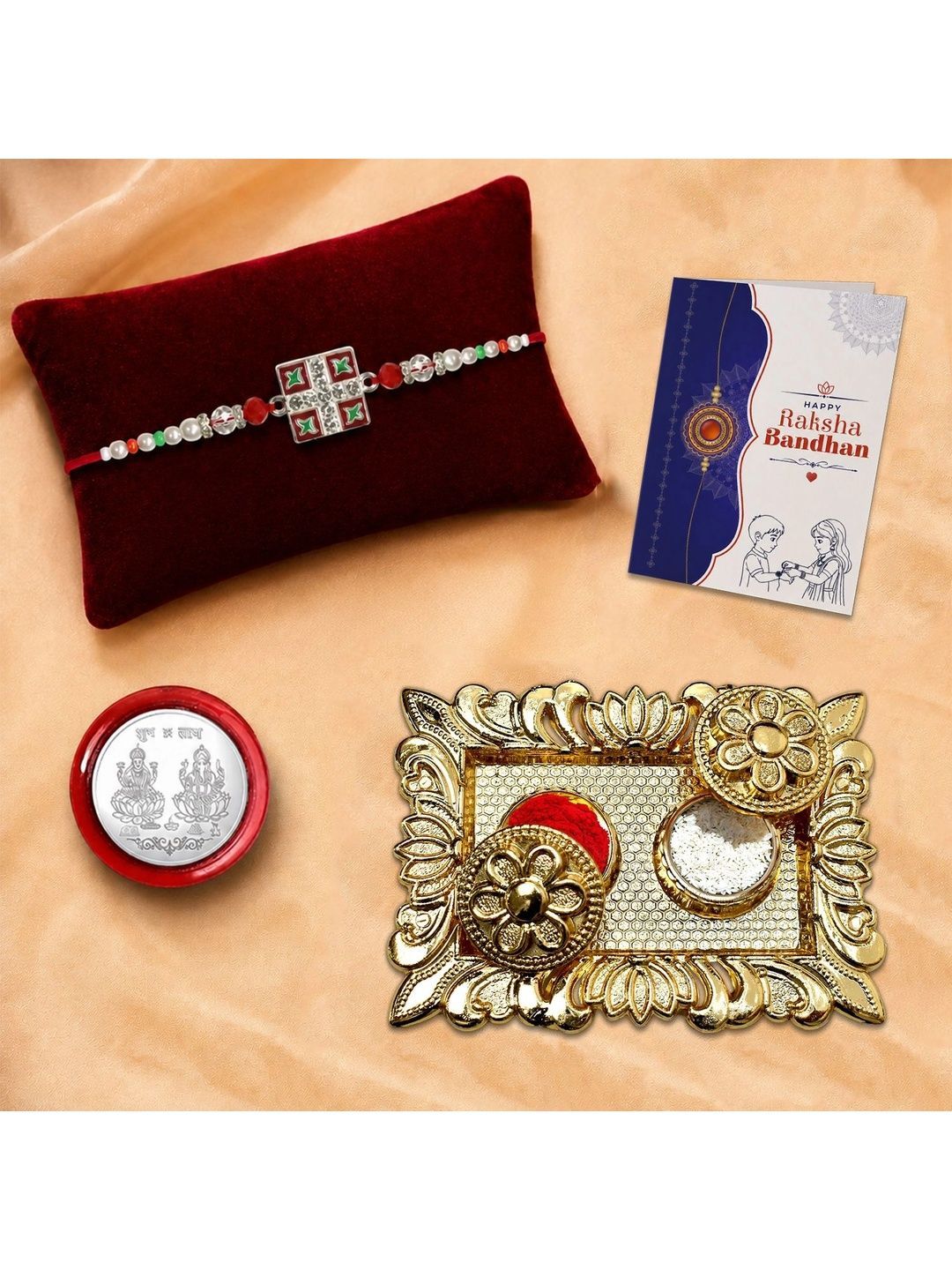 Myntra Elegant Homes Set of 6 Rakhi Gift Set With Silver Coin, Greeting Card & Roli Chawal-image-4