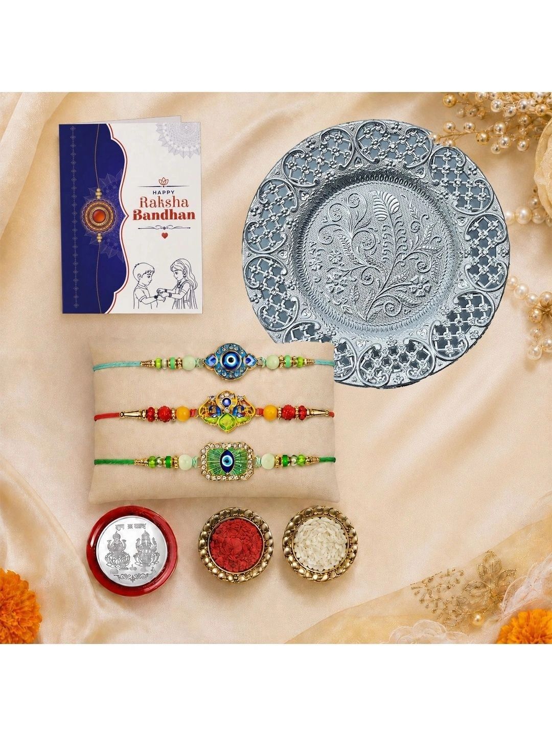 Myntra Elegant Homes Set of 8 Rakhi Gift Set With Silver Coin, Greeting Card & Roli Chawal-picture-41