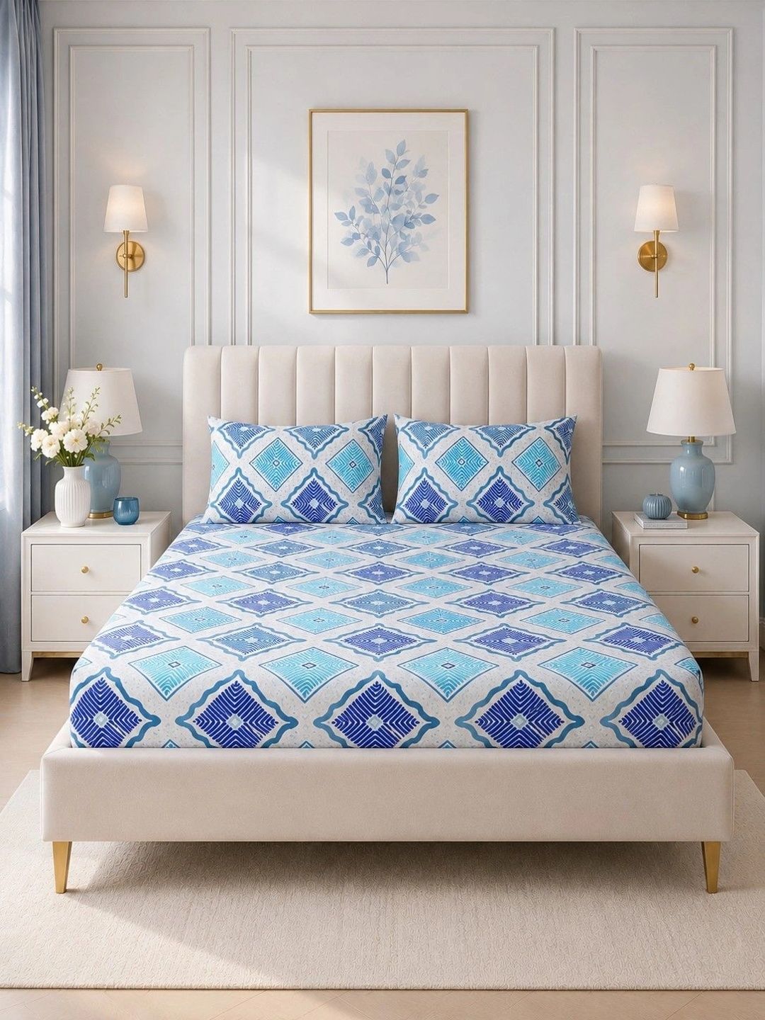 Myntra Elegant Homes Blue & White Geometric 350 TC King Bedsheet with 2 Pillow Covers