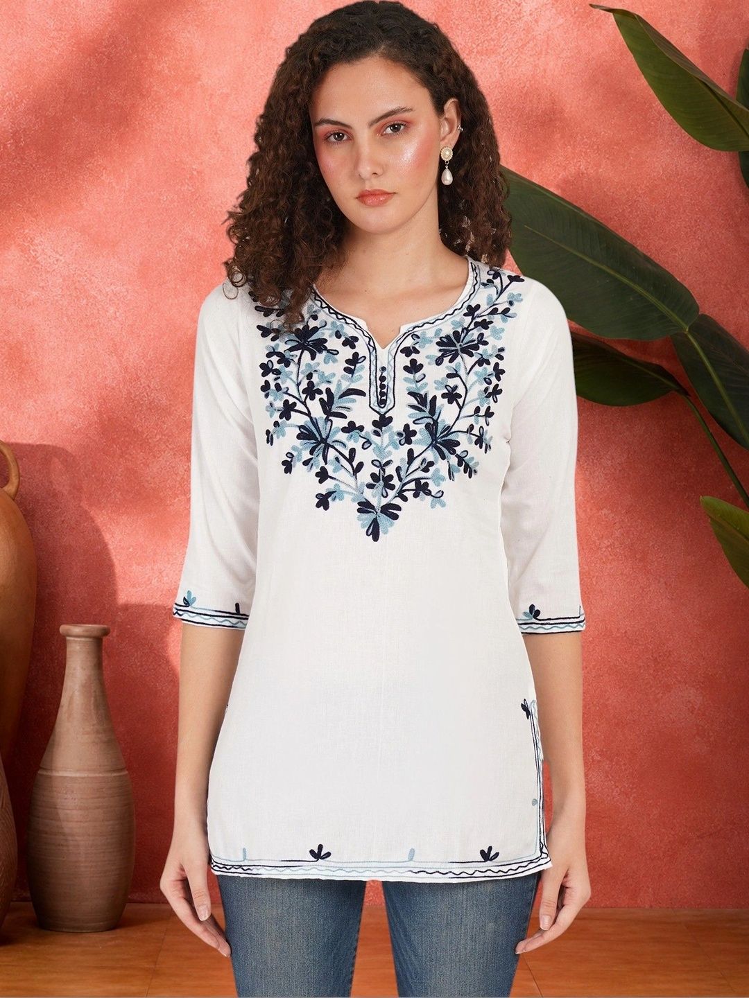 Sangria Floral Embroidered V-Neck Pure Cotton Blend Khadi Kurti-picture-53