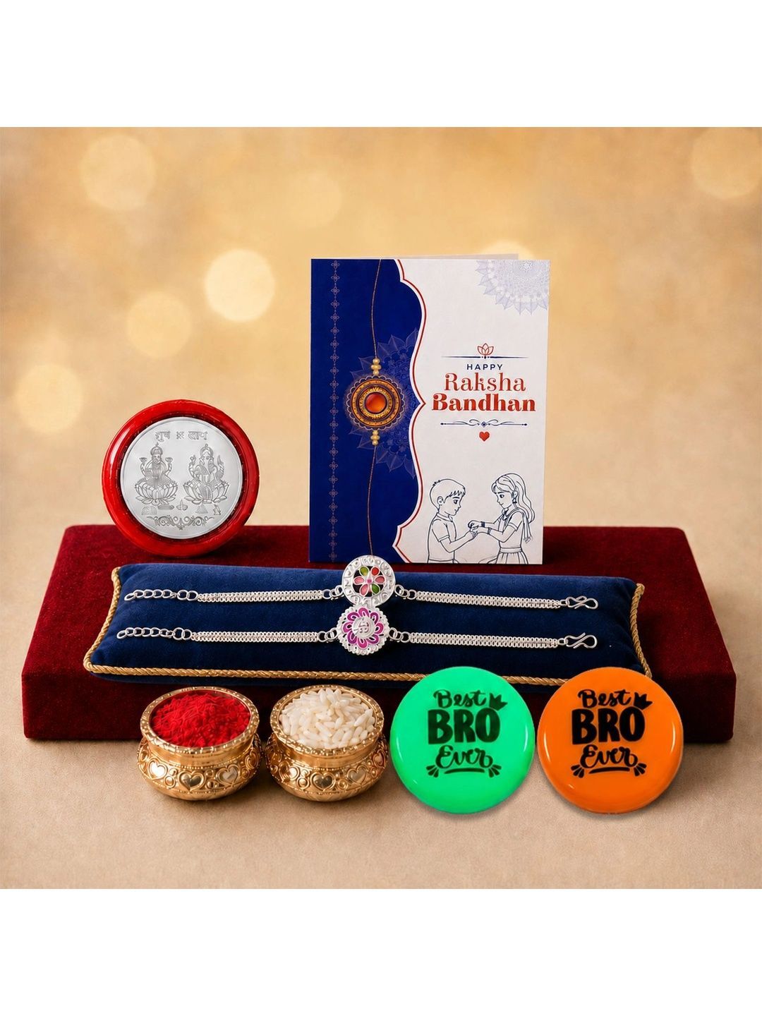 Myntra Elegant Homes Set of 8 Rakhi Gift Set With Silver Coin, Greeting Card & Roli Chawal-picture-10