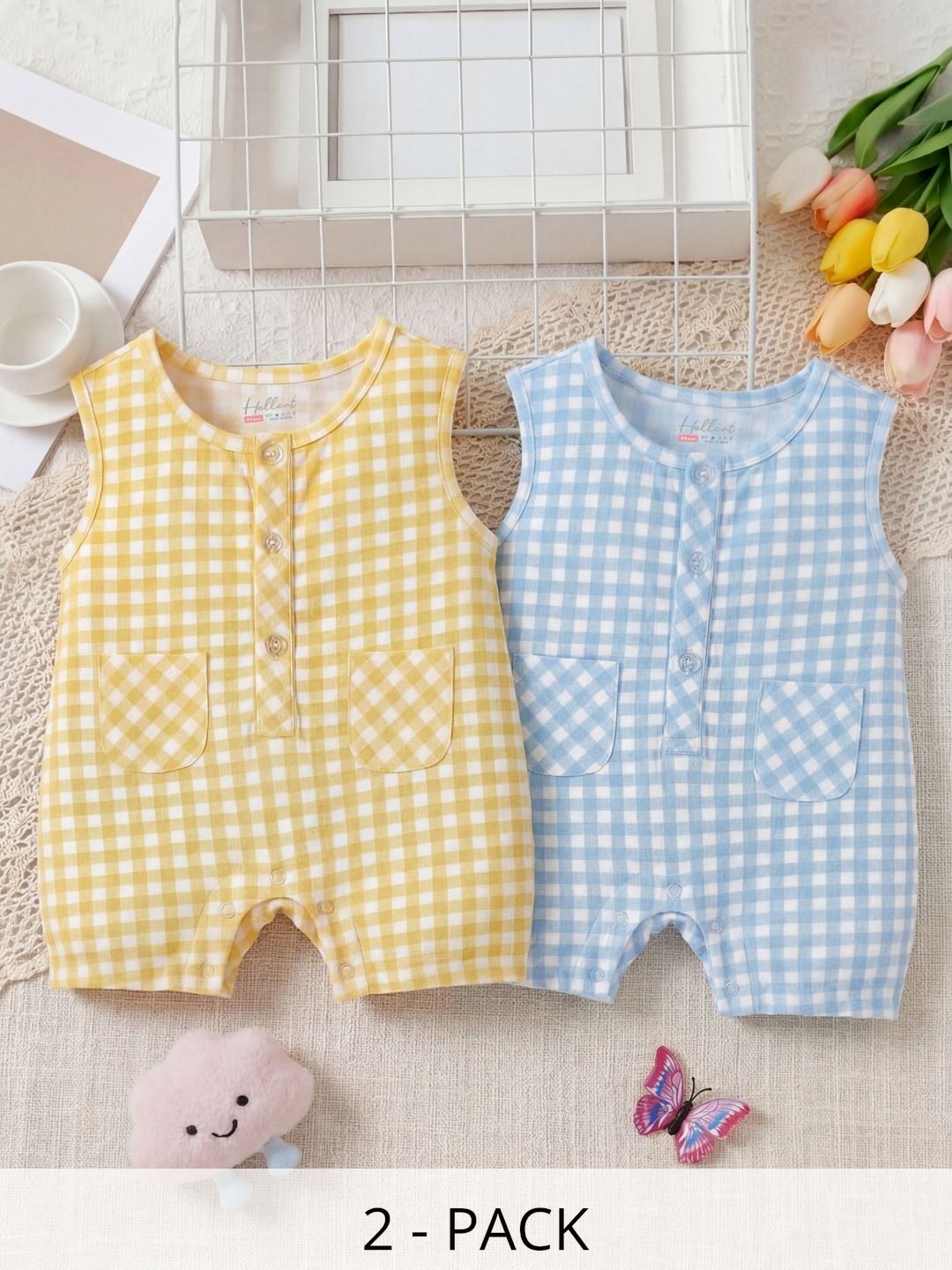 HELLCAT Infants Pack Of 2 Checked Cotton Round Neck Rompers-picture-55