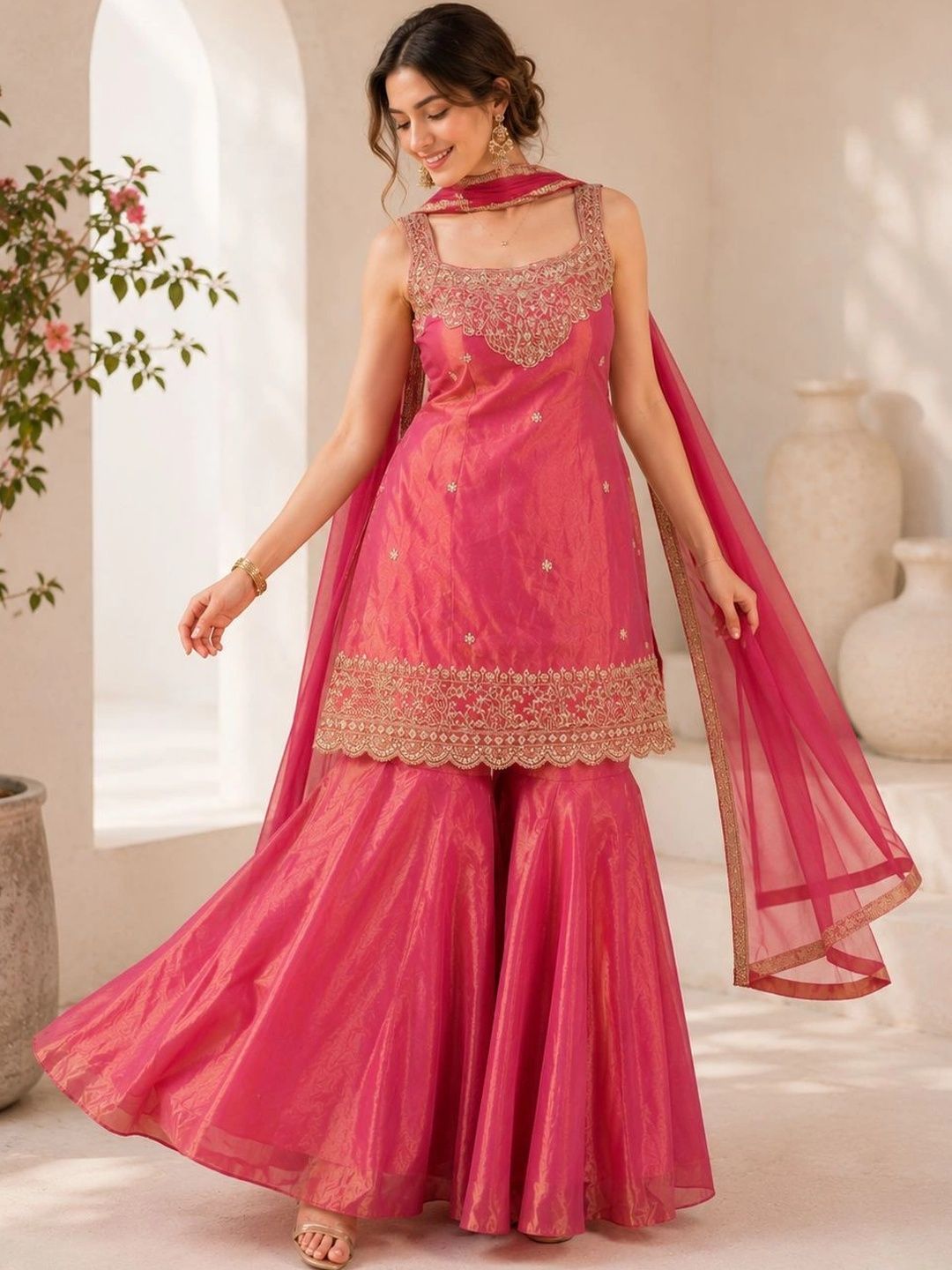 Sangria Women Ethnic Motifs Embroidered Regular Kurta with Sharara & With Dupatta-picture-33