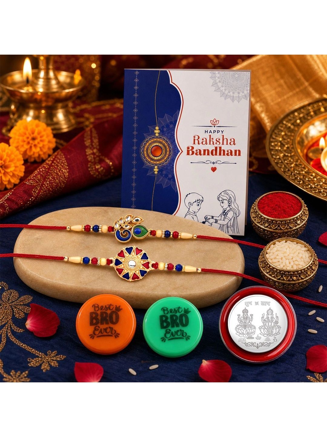 Myntra Elegant Homes Set of 8 Rakhi Gift Set With Silver Coin, Greeting Card & Roli Chawal-picture-43