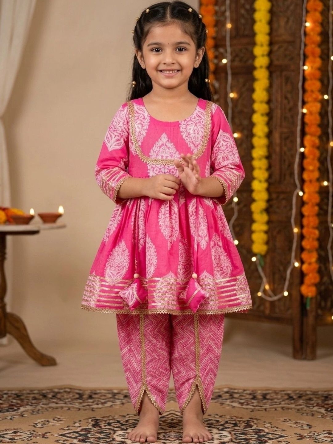 chirpytroops Girls Ethnic Motifs Printed Empire Gotta Patti Pure Cotton Kurta with Dhoti Pants-image-3