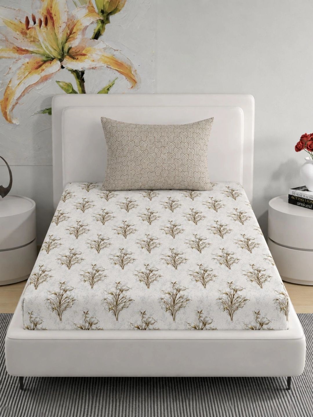 Florida Off White & Off White Floral 120 TC Single Bedsheet with 1 Pillow Covers-picture-7