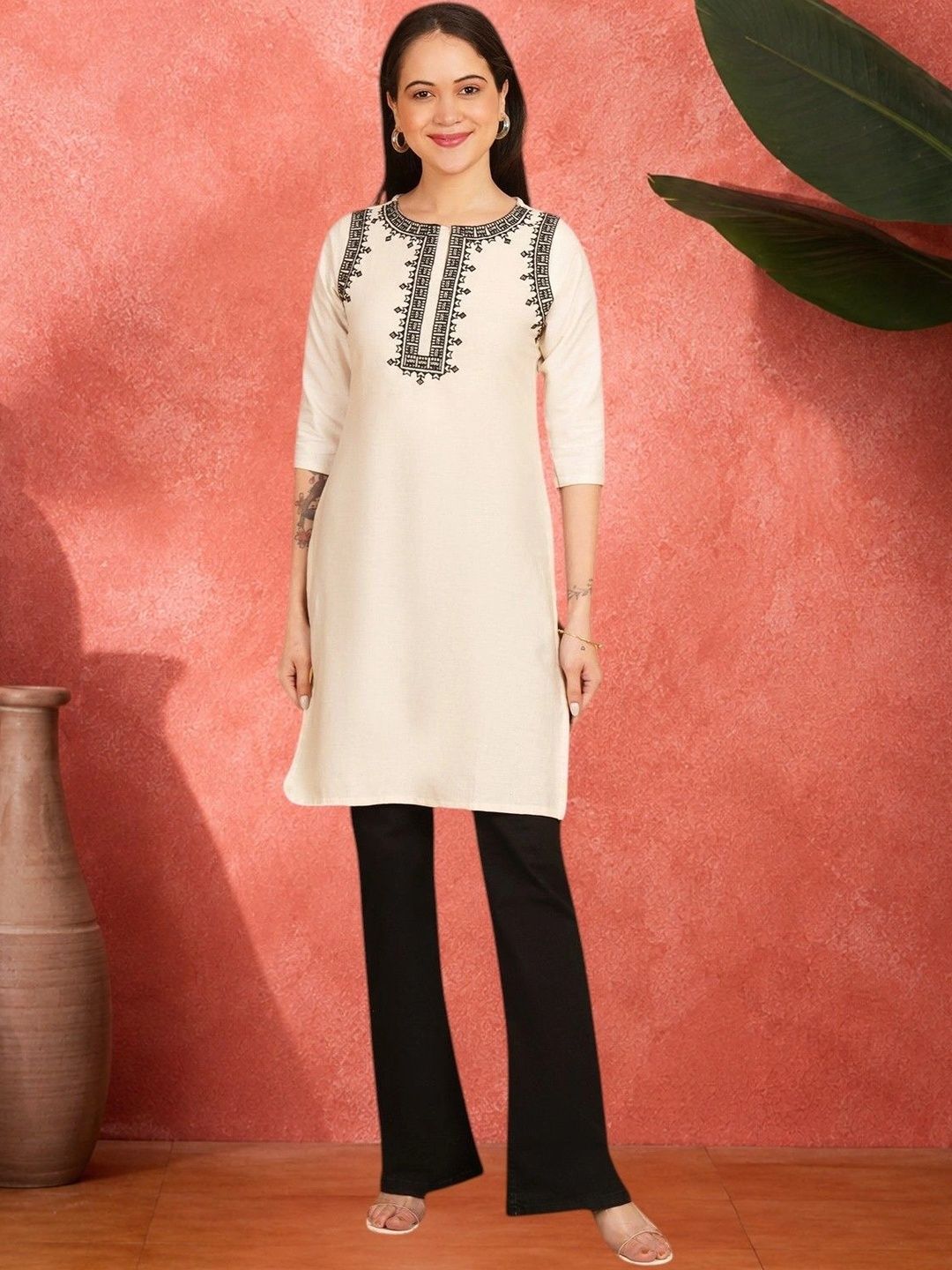 Sangria Ethnic Motifs Embroidered Thread Work Pure Cotton Blend Khadi Thread Work Kurti-picture-38