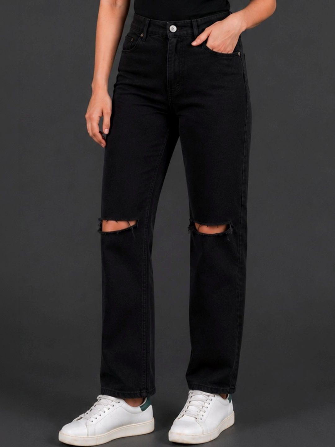 HERE&NOW Women Classic Regular Fit Mid-Rise Highly Distressed Stretchable Jeans-picture-26