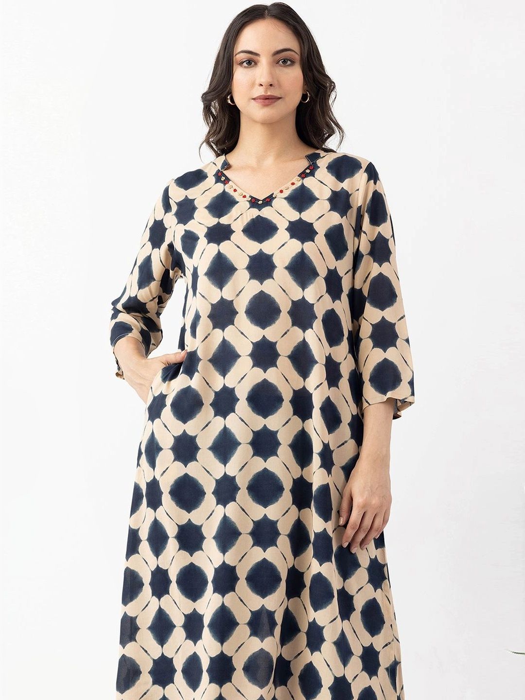 Mustard Geometric Printed V-Neck Modal Kurti-picture-19
