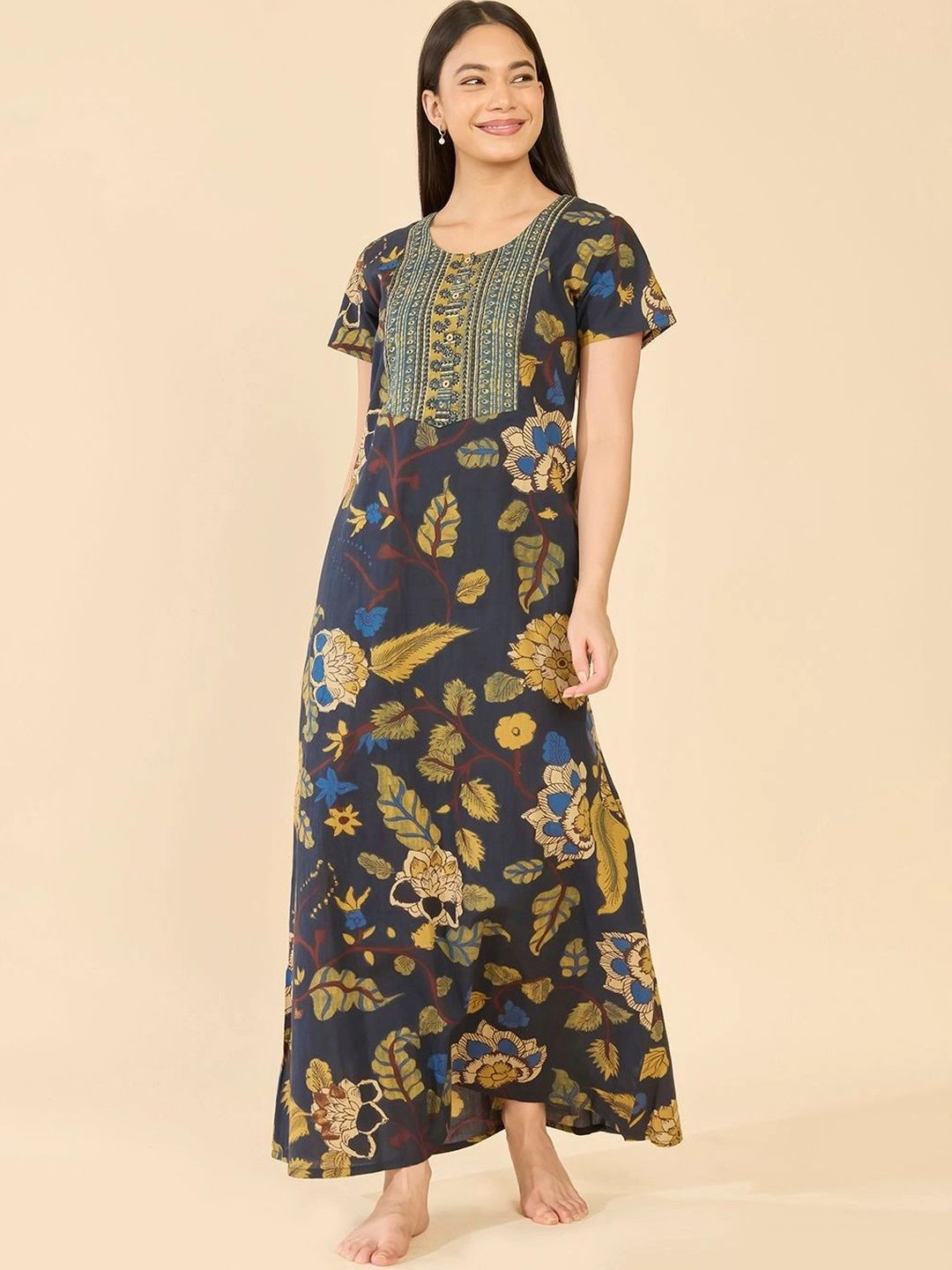Maybell Women Navy Blue Floral Printed Cotton Short Sleeve Scoop Neck Night Dress-picture-25