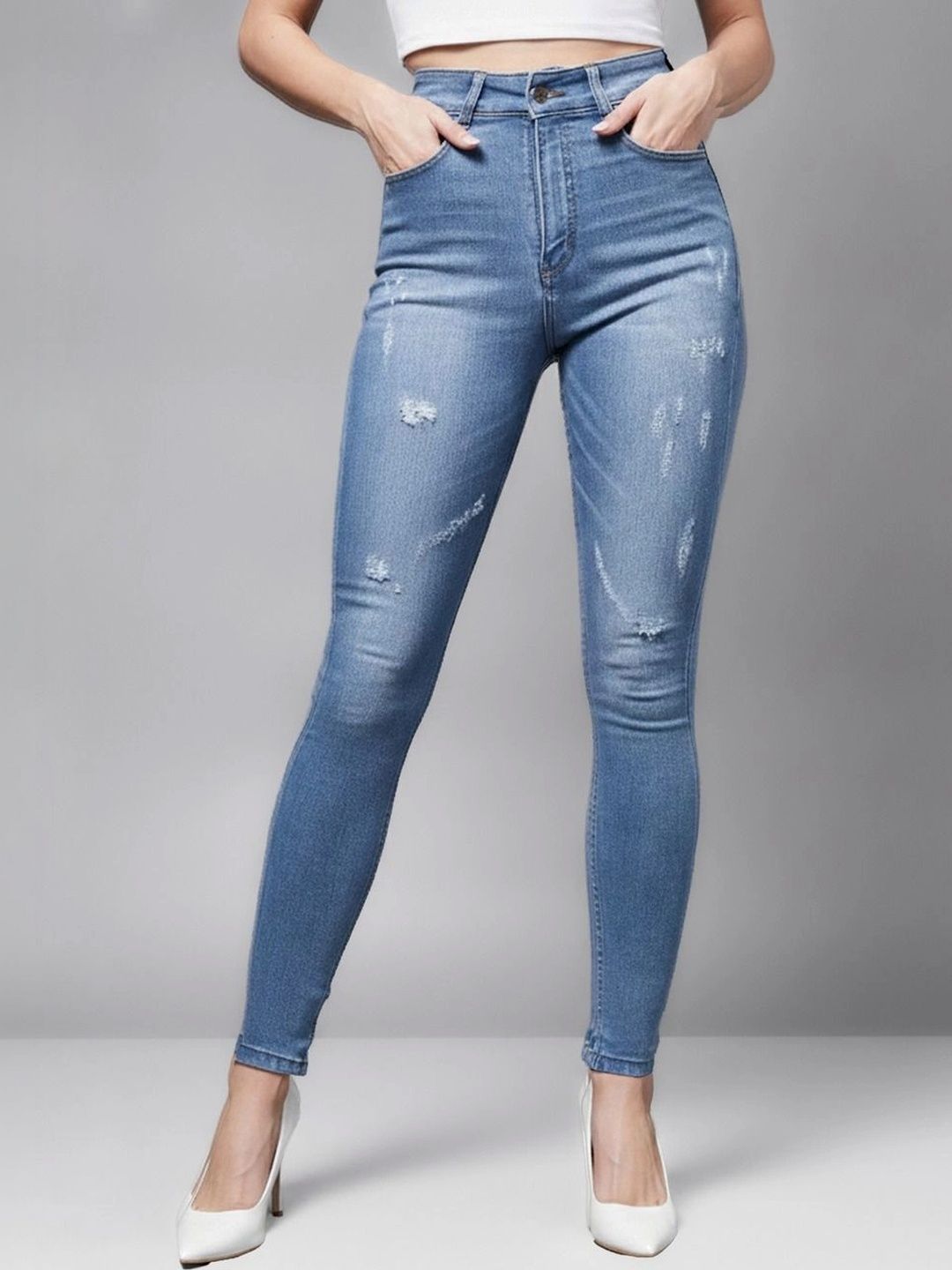 Miss Chase Women Skinny Fit High-Rise Mildly Distressed Light Fade Stretchable Jeans-picture-27