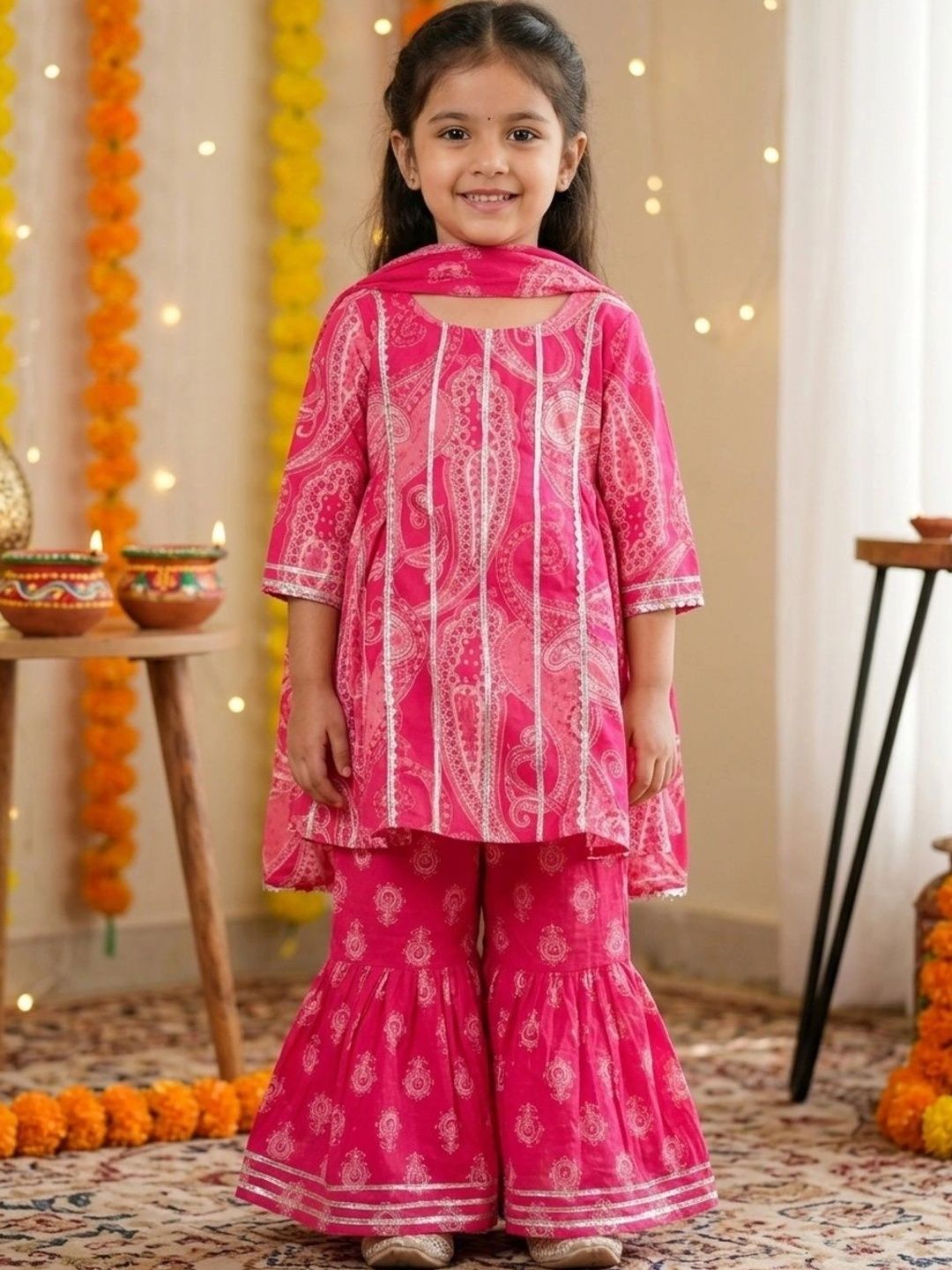 chirpytroops Girls Paisley Printed Regular Pure Cotton Kurti with Sharara & With Dupatta-picture-55