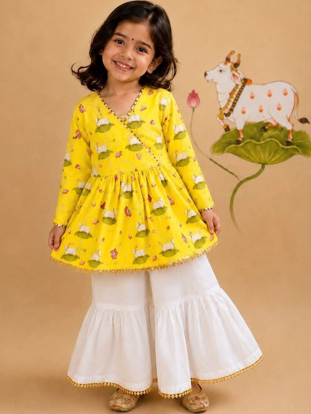 Cute Couture Girls Floral Printed Angrakha Pure Cotton Kurta with Sharara-picture-22