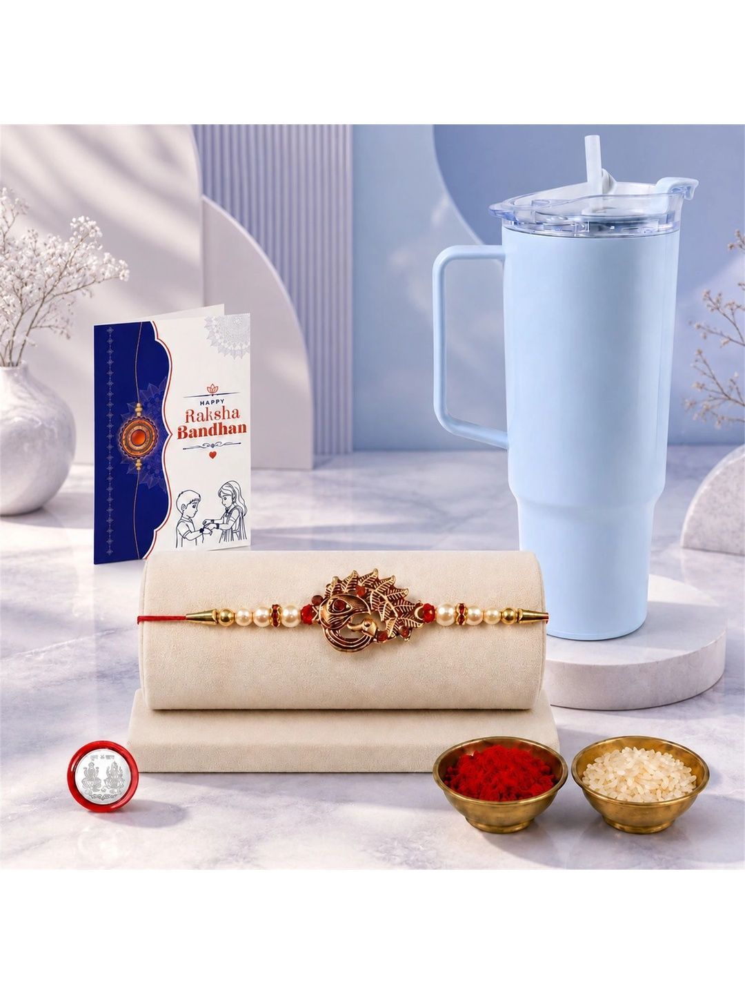 Myntra Elegant Homes Set of 6 Rakhi Gift Set With Silver Coin, Greeting Card & Roli Chawal-image-7