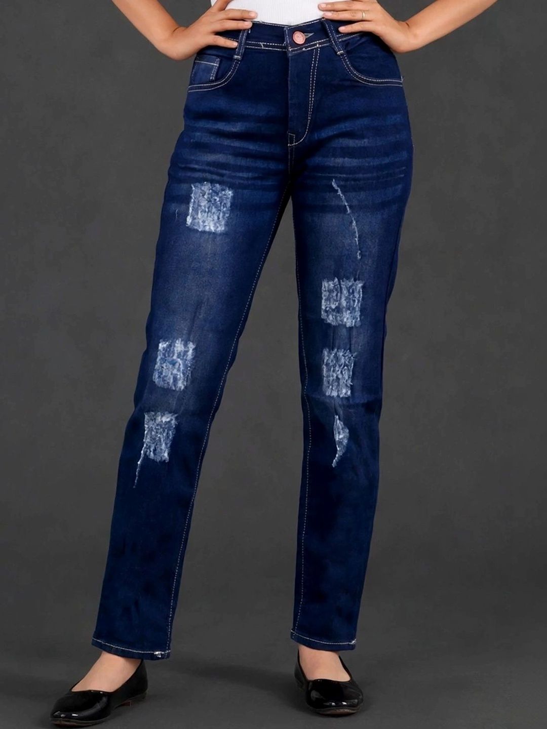 HERE&NOW Women Classic Regular Fit Mid-Rise Highly Distressed Stretchable Jeans-picture-32