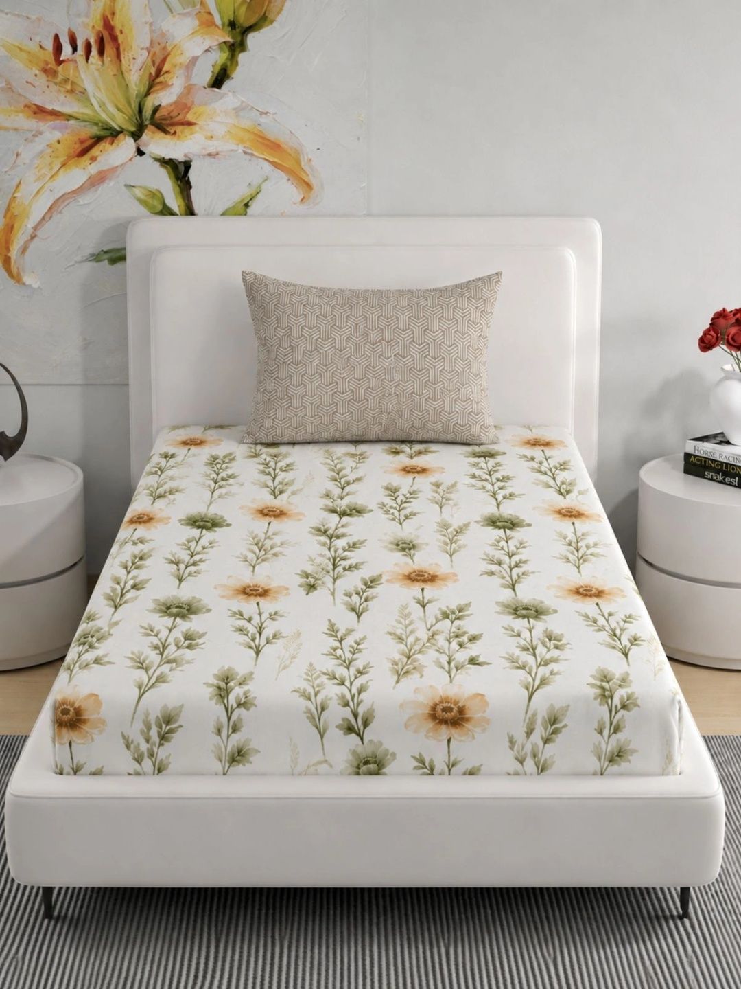 Florida Beige & Green Floral 120 TC Single Bedsheet with 1 Pillow Covers-picture-3