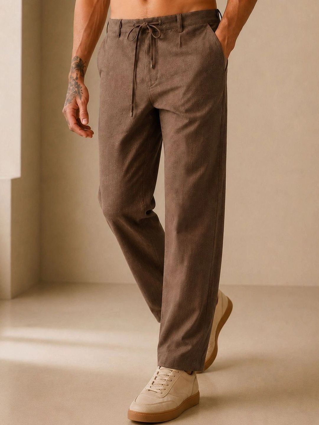 HERE&NOW Men Textured Relaxed Easy Wash Trousers-picture-25