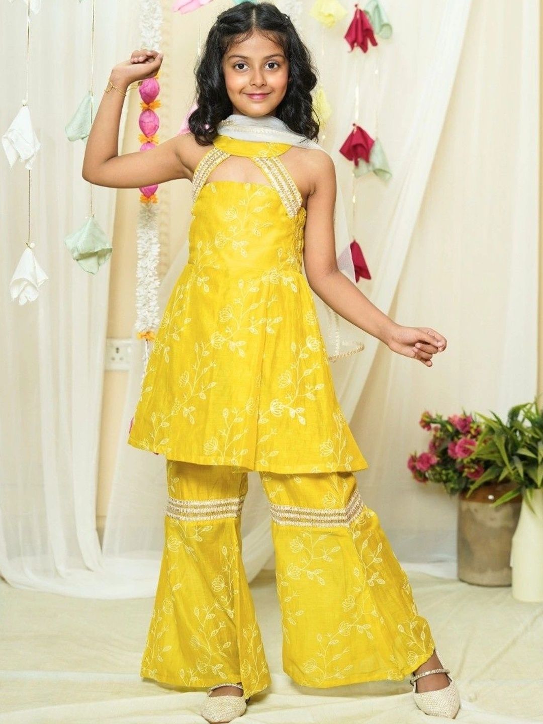 Undyed Girls Floral Embroidered Empire Chanderi Cotton Kurta with Sharara & With Dupatta-picture-56