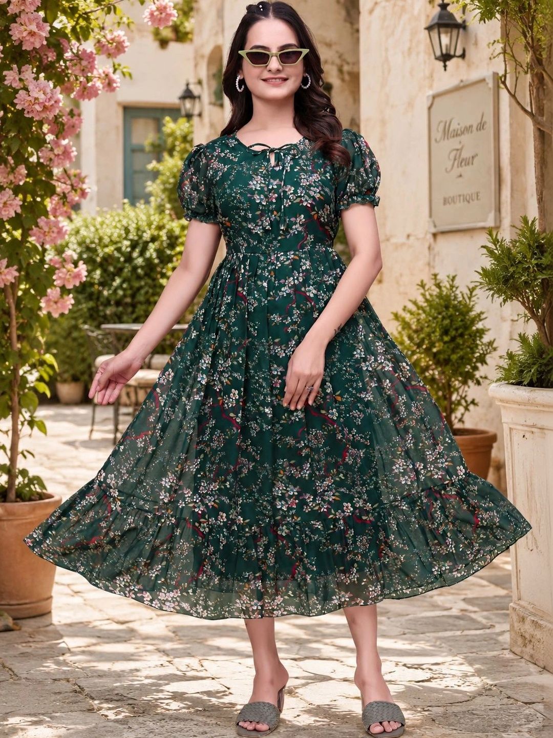 QENA Floral Print Puff Sleeve Georgette A-Line Midi Dress-picture-11