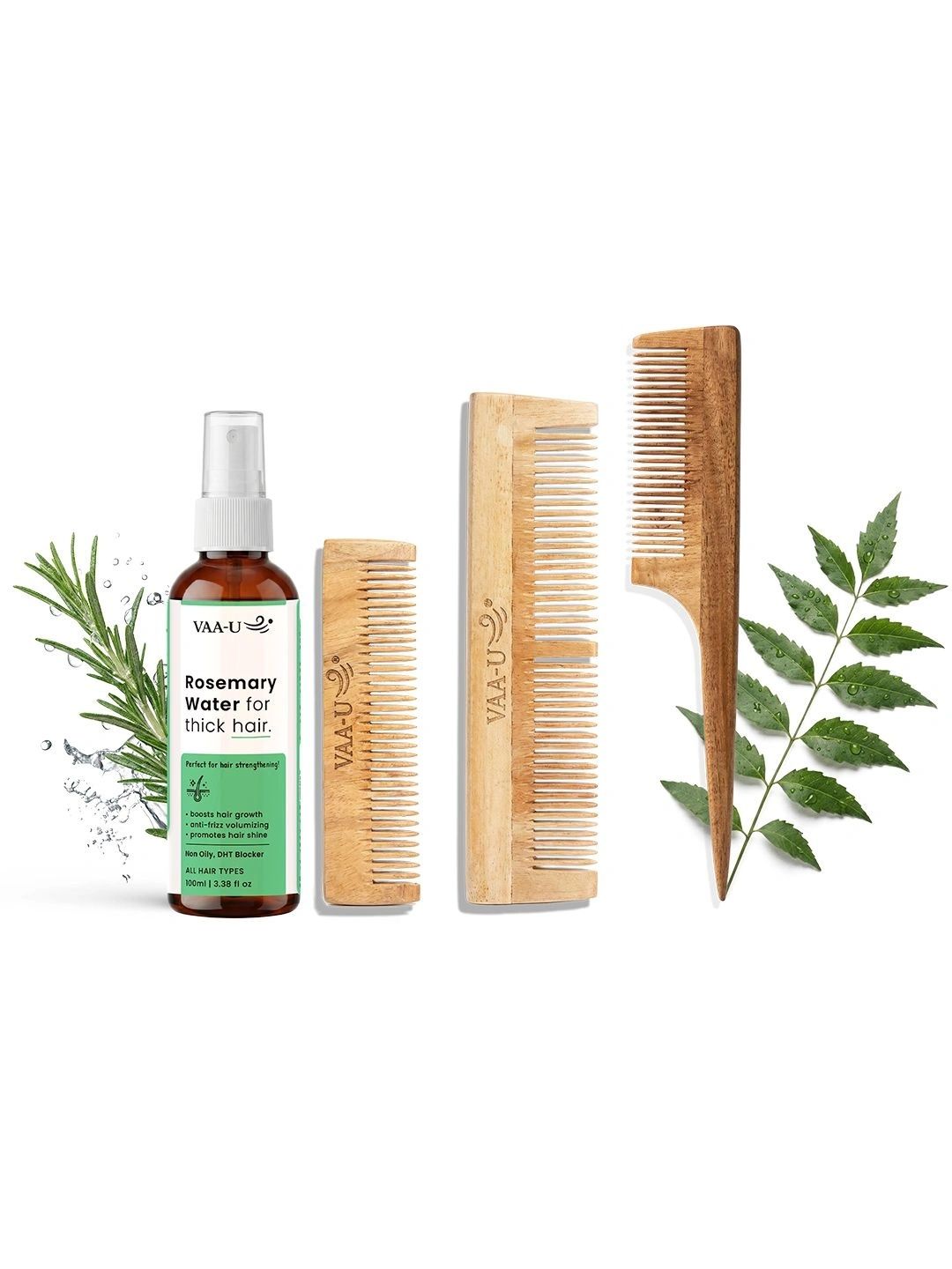VAA-U Set Of 4 Rosemary Hair Growth Spray -100 ml & Neem Wood Pocket , Long & Tail Comb-picture-26