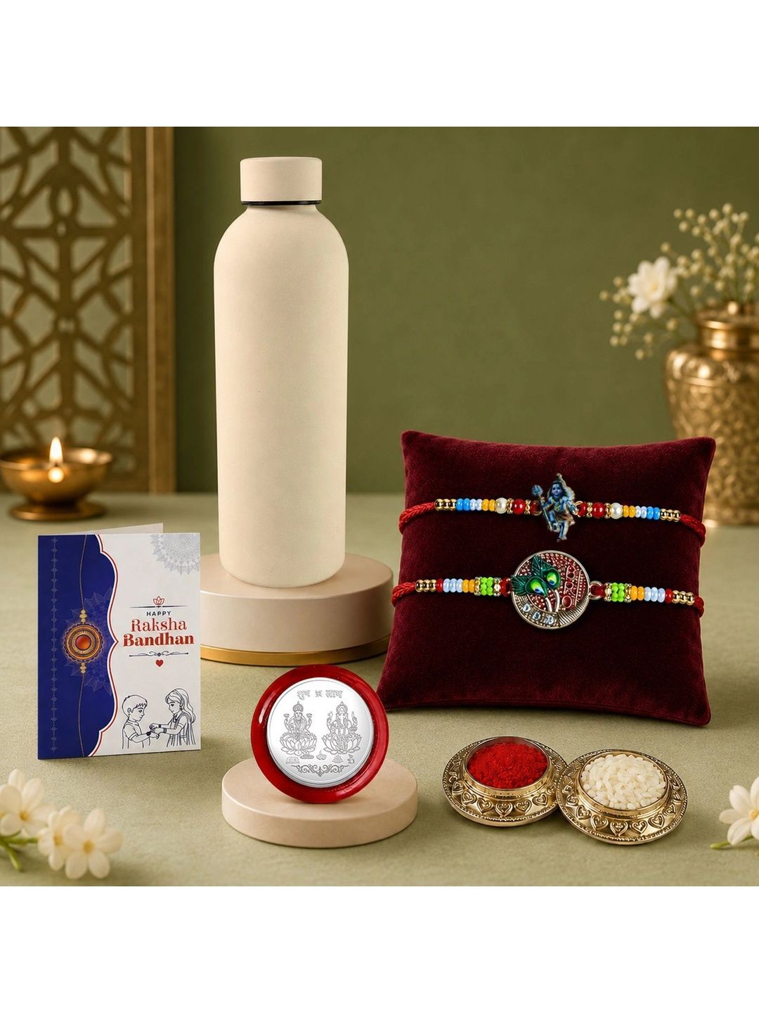 Myntra Elegant Homes 2-Pcs Rakhi With Water Bottle Silver Coin Greeting Card & Roli Chawal-picture-32