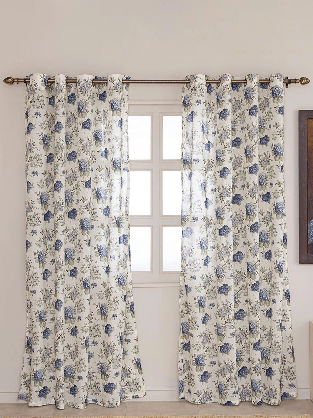 Aura Off White & Blue Set of 2 Floral Sheer Window Curtain-image-33