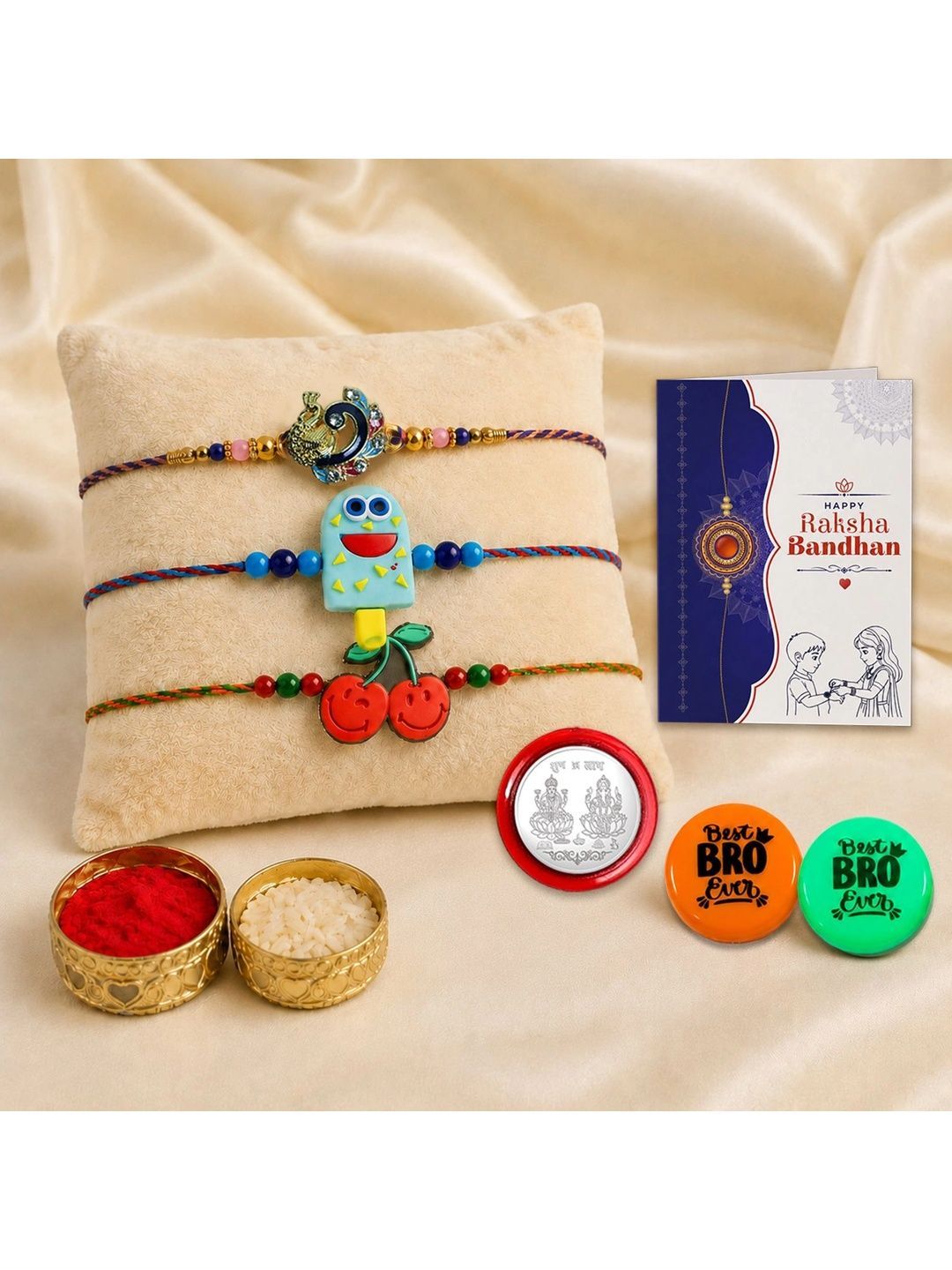 Myntra Elegant Homes Set of 9 Rakhi Gift Set With Silver Coin, Greeting Card & Roli Chawal-image-39