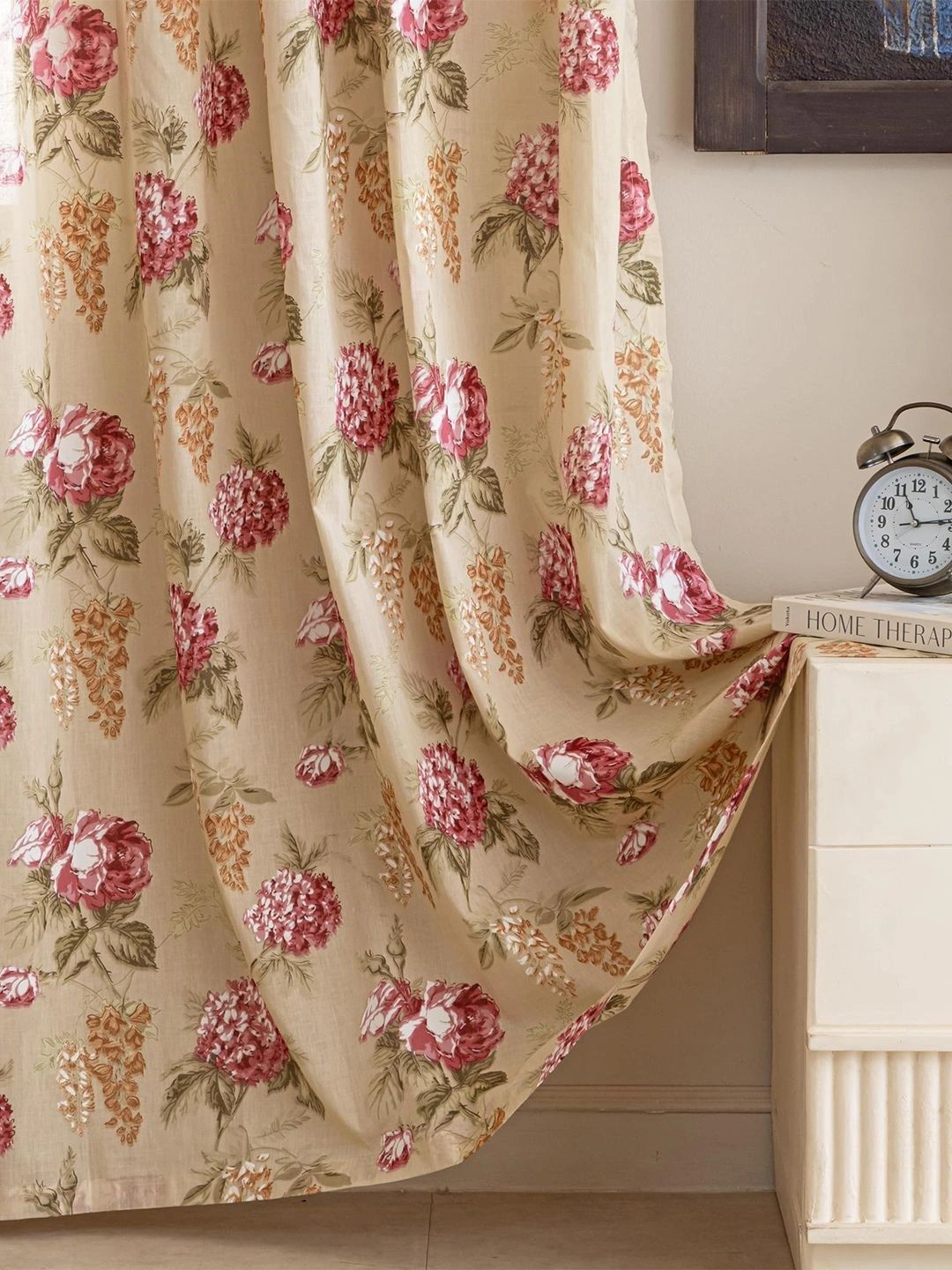 Aura Beige & Pink Set of 2 Floral Sheer Window Curtain-image-20