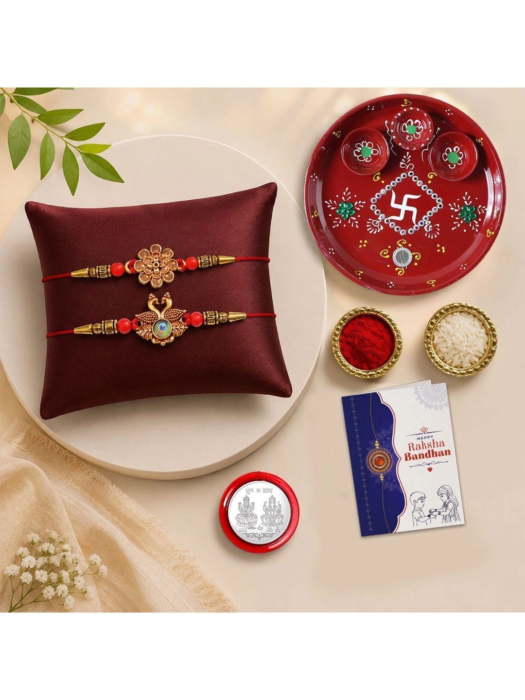 Myntra Elegant Homes 2-Pcs Rakhi With Pooja Thali Silver Coin Greeting Card & Roli Chawal-picture-28
