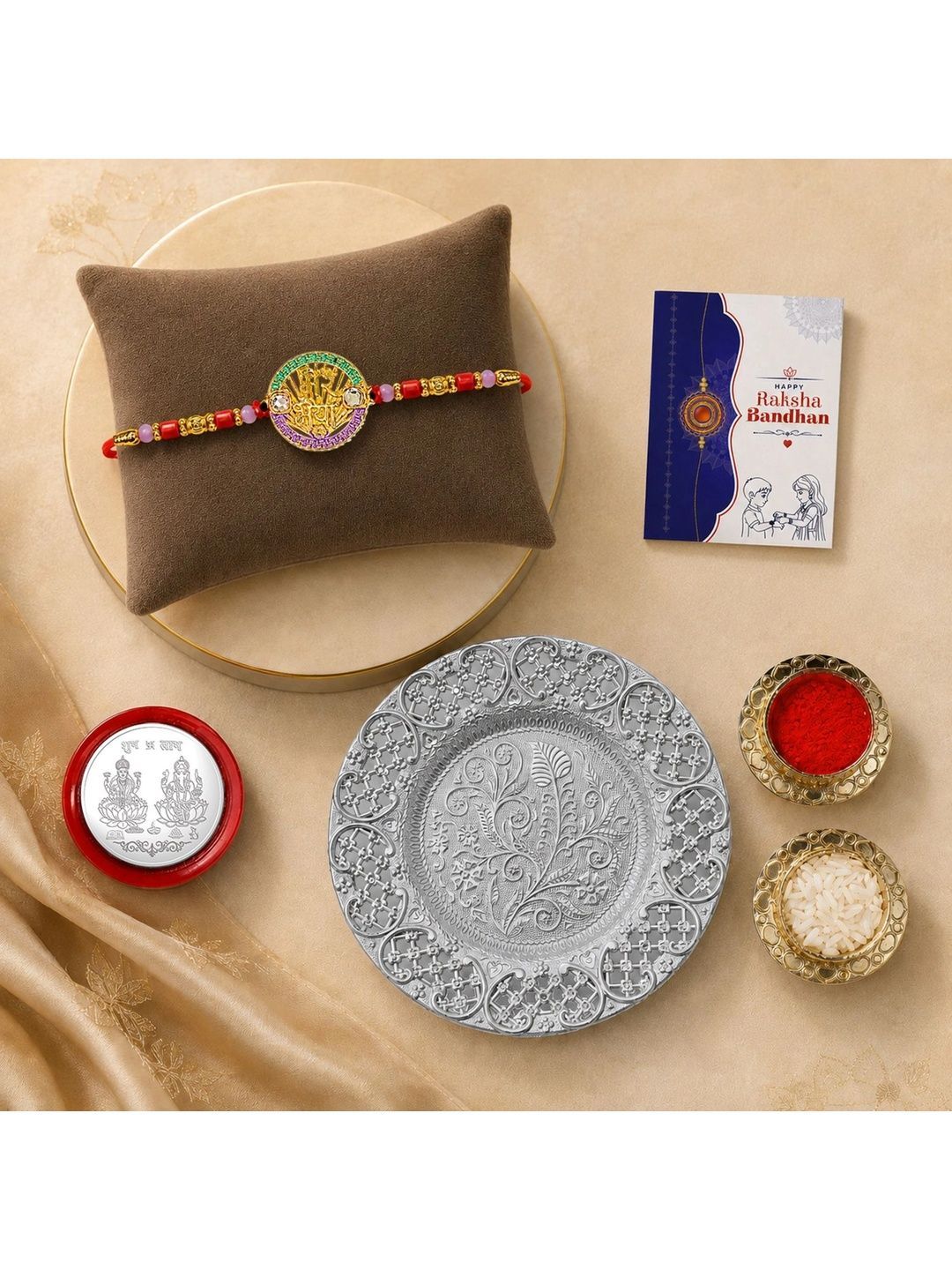 Myntra Elegant Homes Set of 6 Rakhi Gift Set With Silver Coin, Greeting Card & Roli Chawal-picture-52