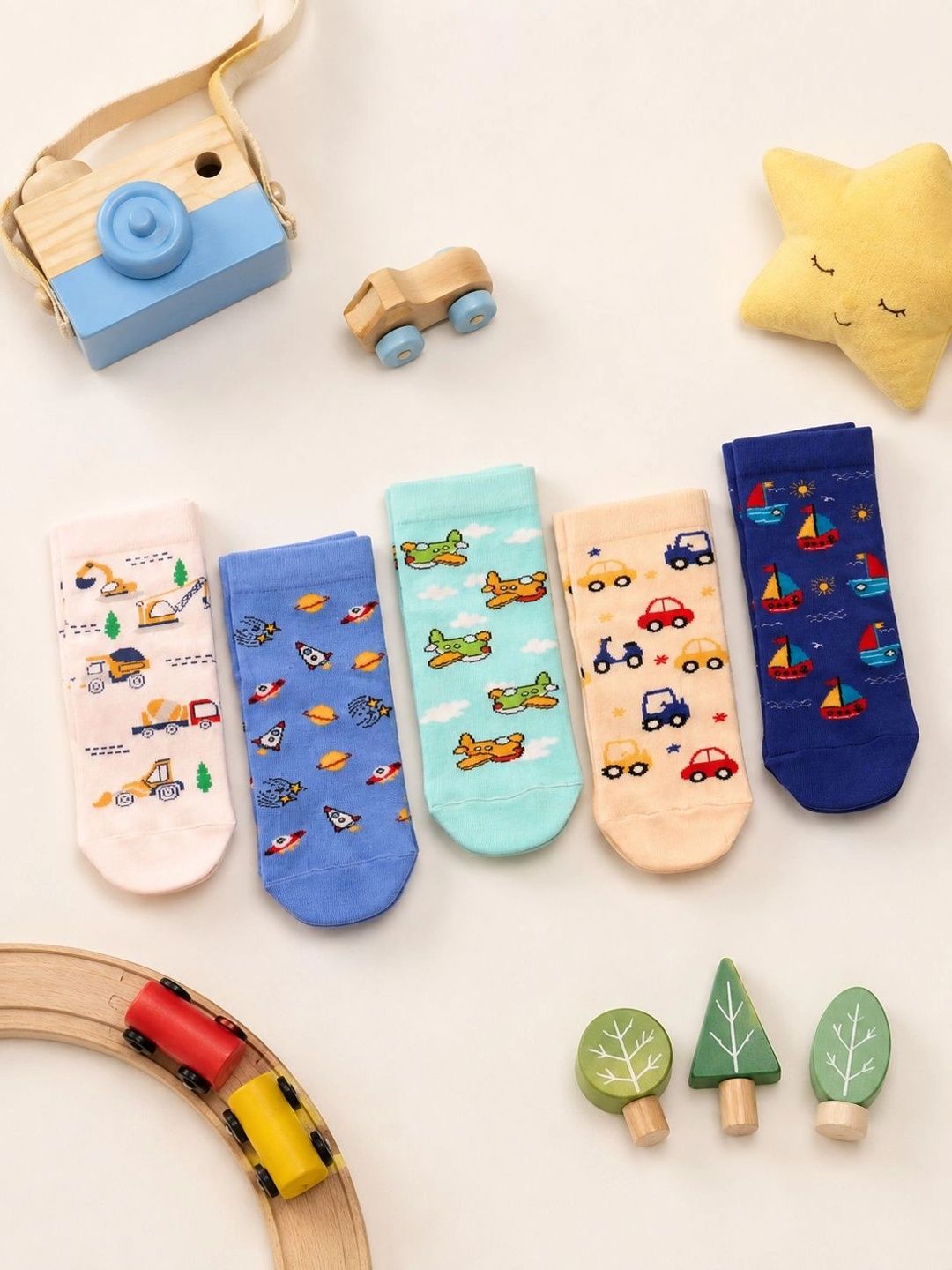 Thela Gaadi Unisex Kids Pack of 5 Cotton Patterned Ankle Length Socks-picture-11