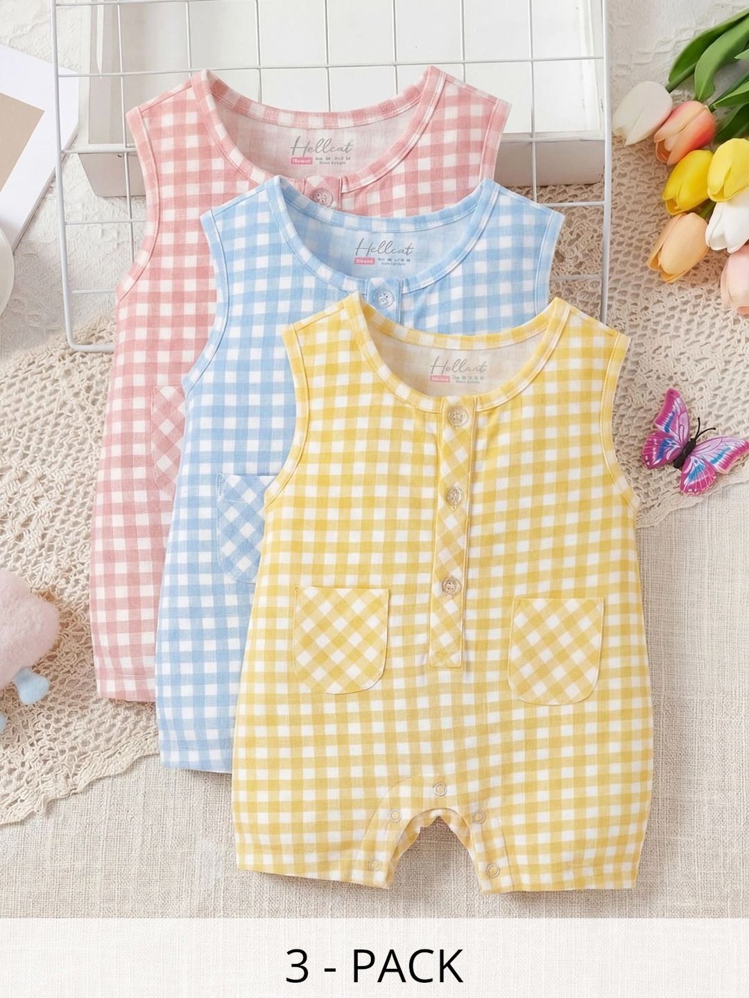 HELLCAT Infants Pack Of 3 Checked Cotton Round Neck Rompers-picture-22