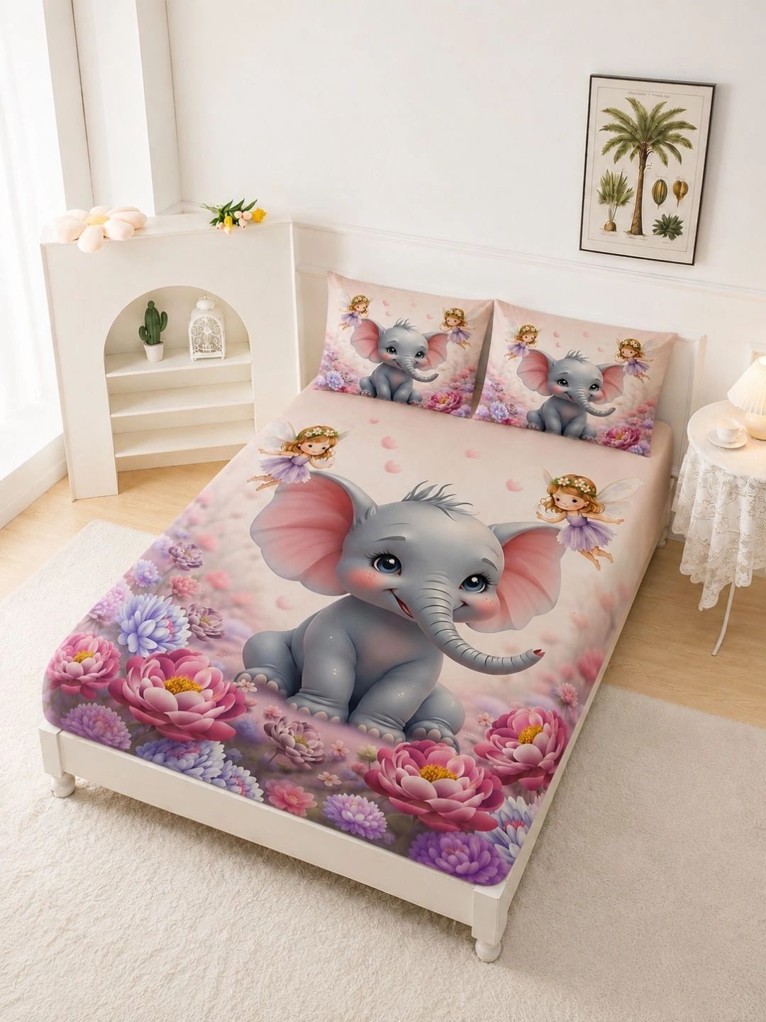 Cortina Peach-Coloured & Multicoloured Queen Bedsheet with 2 Pillow Covers-image-21