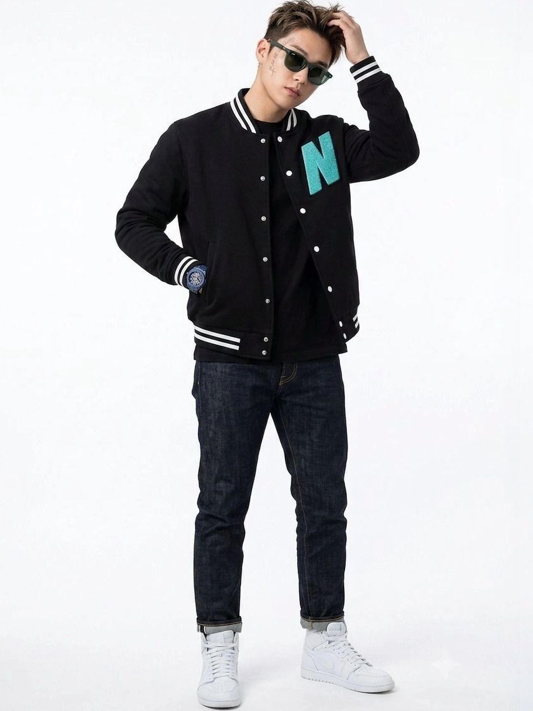 oiin Men Colourblocked Fleece Blend Varsity Jacket-picture-16