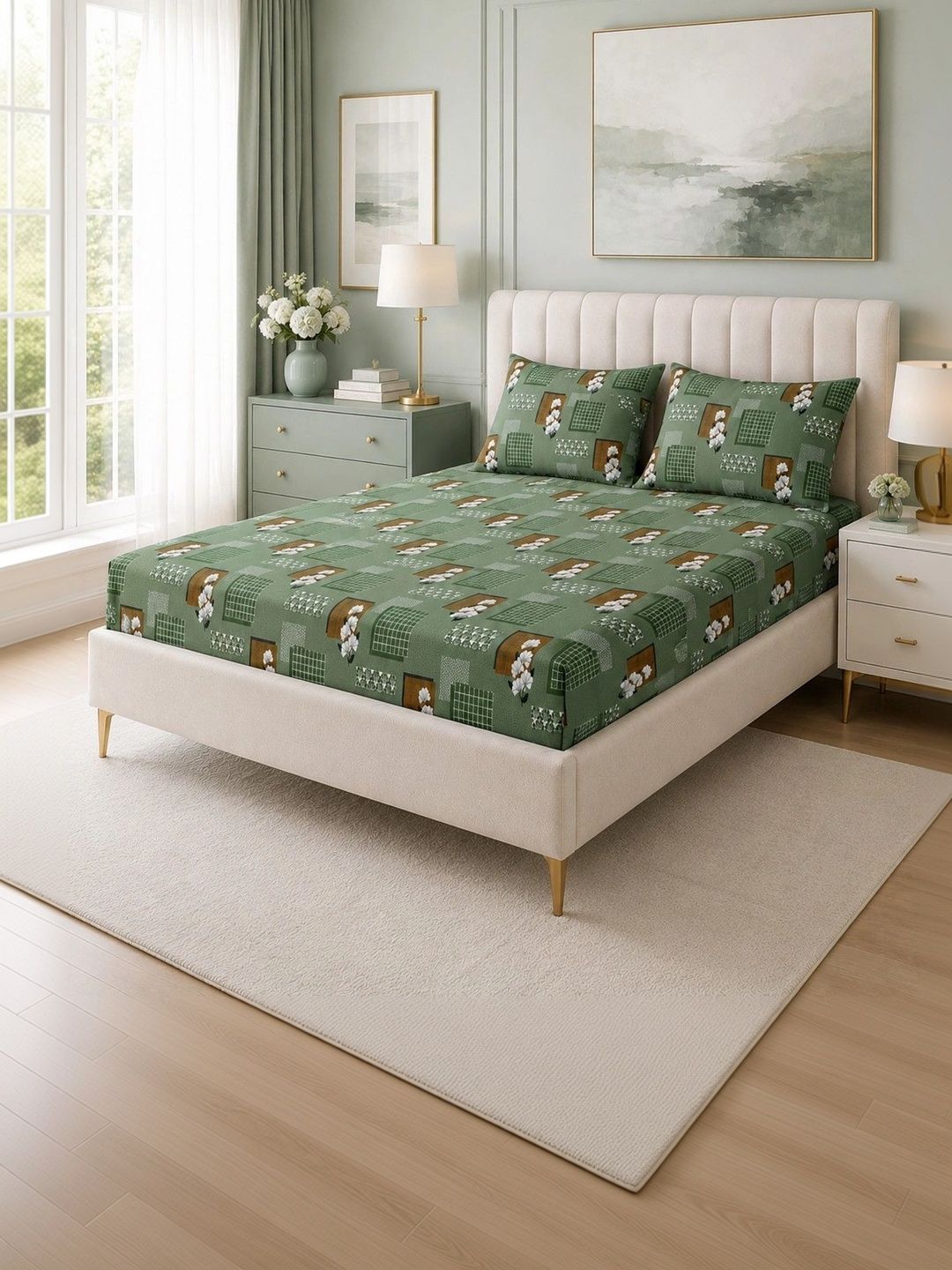 Myntra Elegant Homes Green & Brown Floral 350 TC King Bedsheet with 2 Pillow Covers