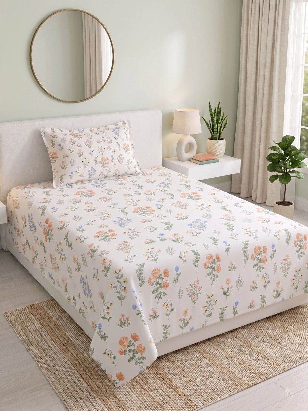 MAFATLAL White & Multicoloured Single Bedsheet with 1 Pillow Covers-image-49