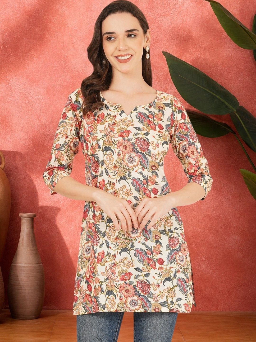 Sangria Floral Printed V-Neck Pure Cotton Blend Khadi Kurti-picture-25