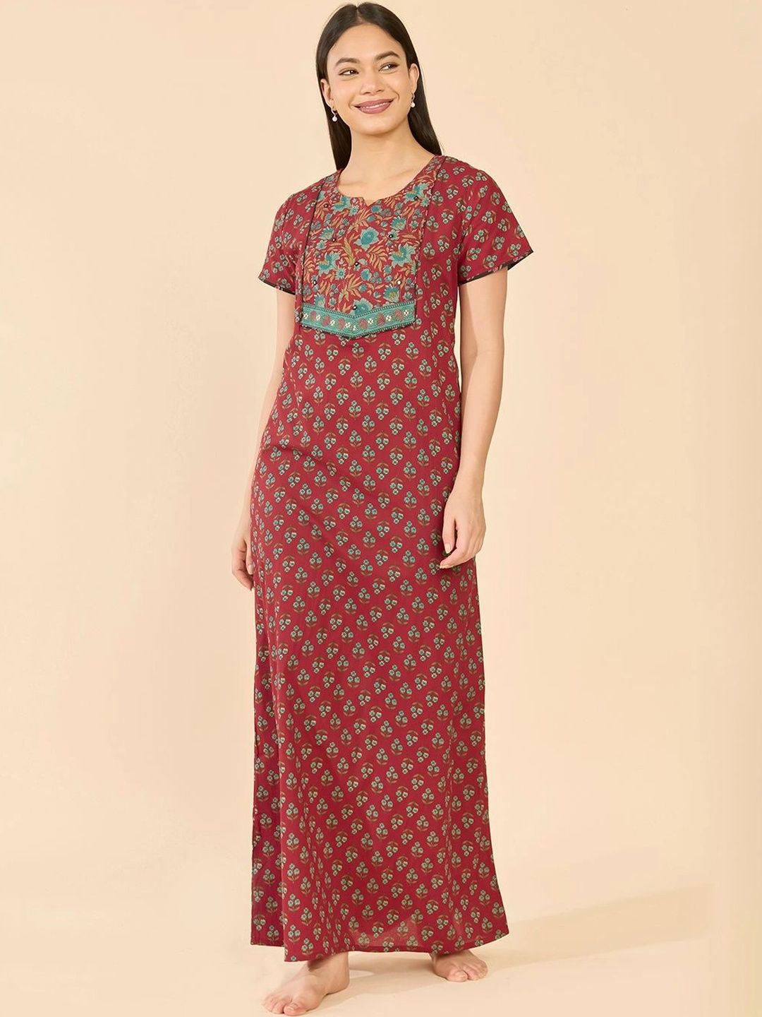 Maybell Women Red Floral Printed Cotton Short Sleeve Scoop Neck Night Dress-image-33