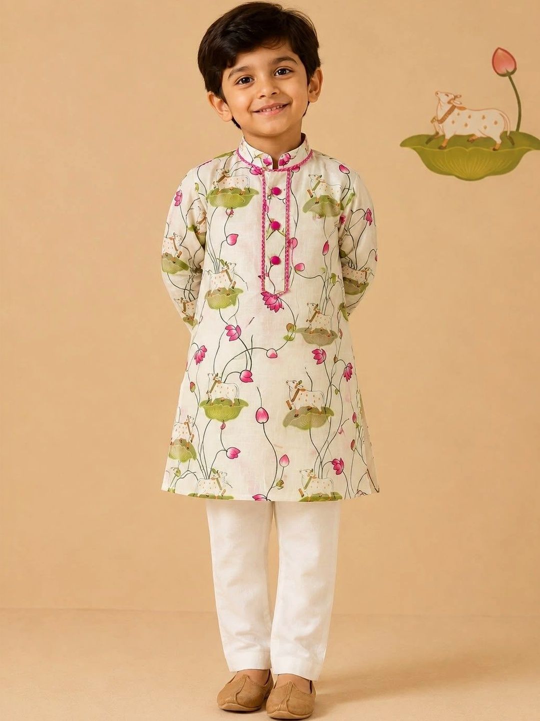 Cute Couture Boys Floral Printed Regular Pure Cotton Kurta with Trousers-image-46