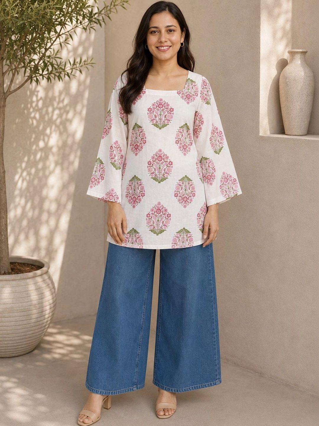 Myshka Floral Printed Square Neck Flared Sleeves Pure Cotton Kurti-picture-11