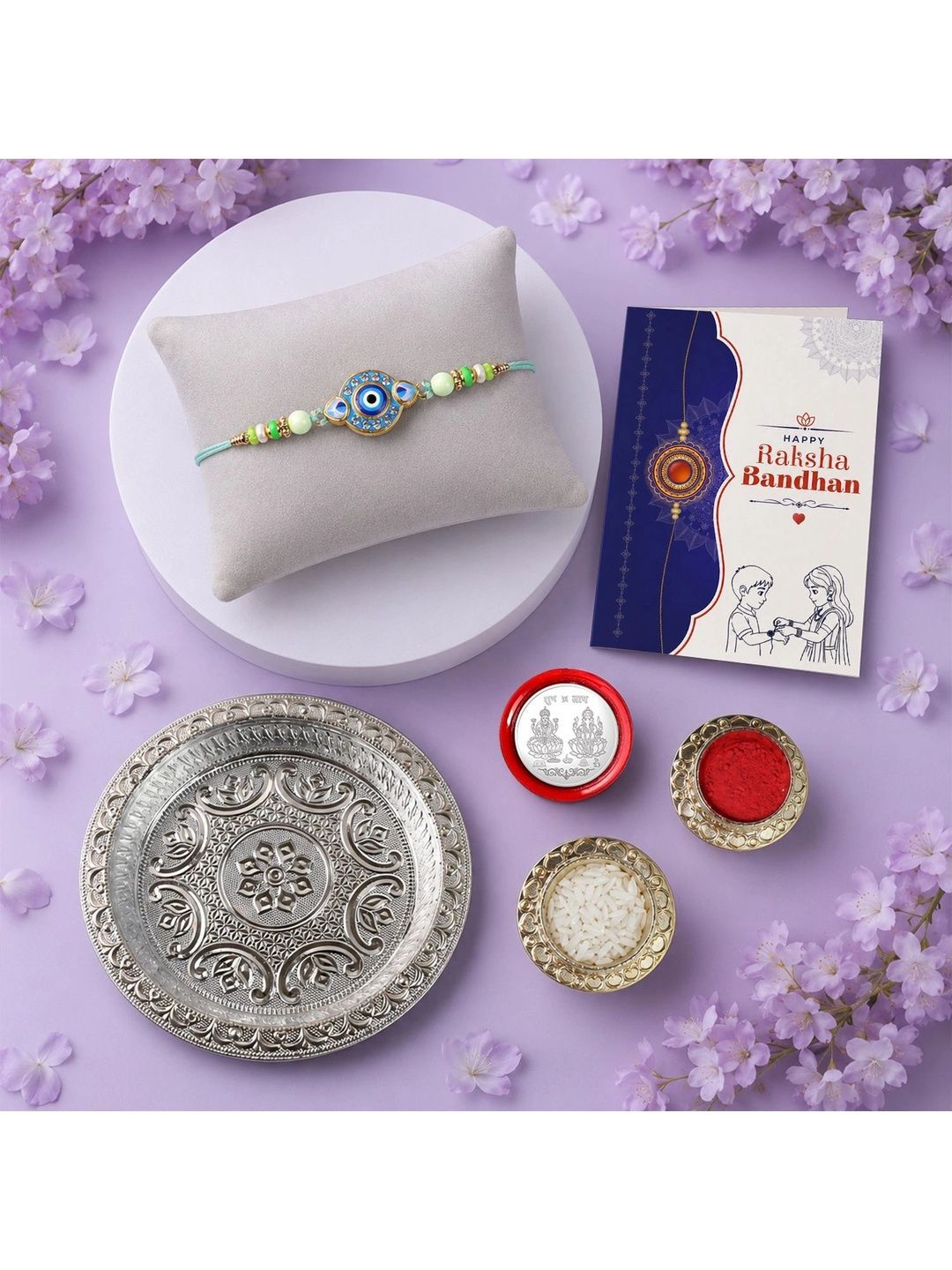 Myntra Elegant Homes Set of 6 Rakhi Gift Set With Silver Coin, Greeting Card & Roli Chawal-image-37