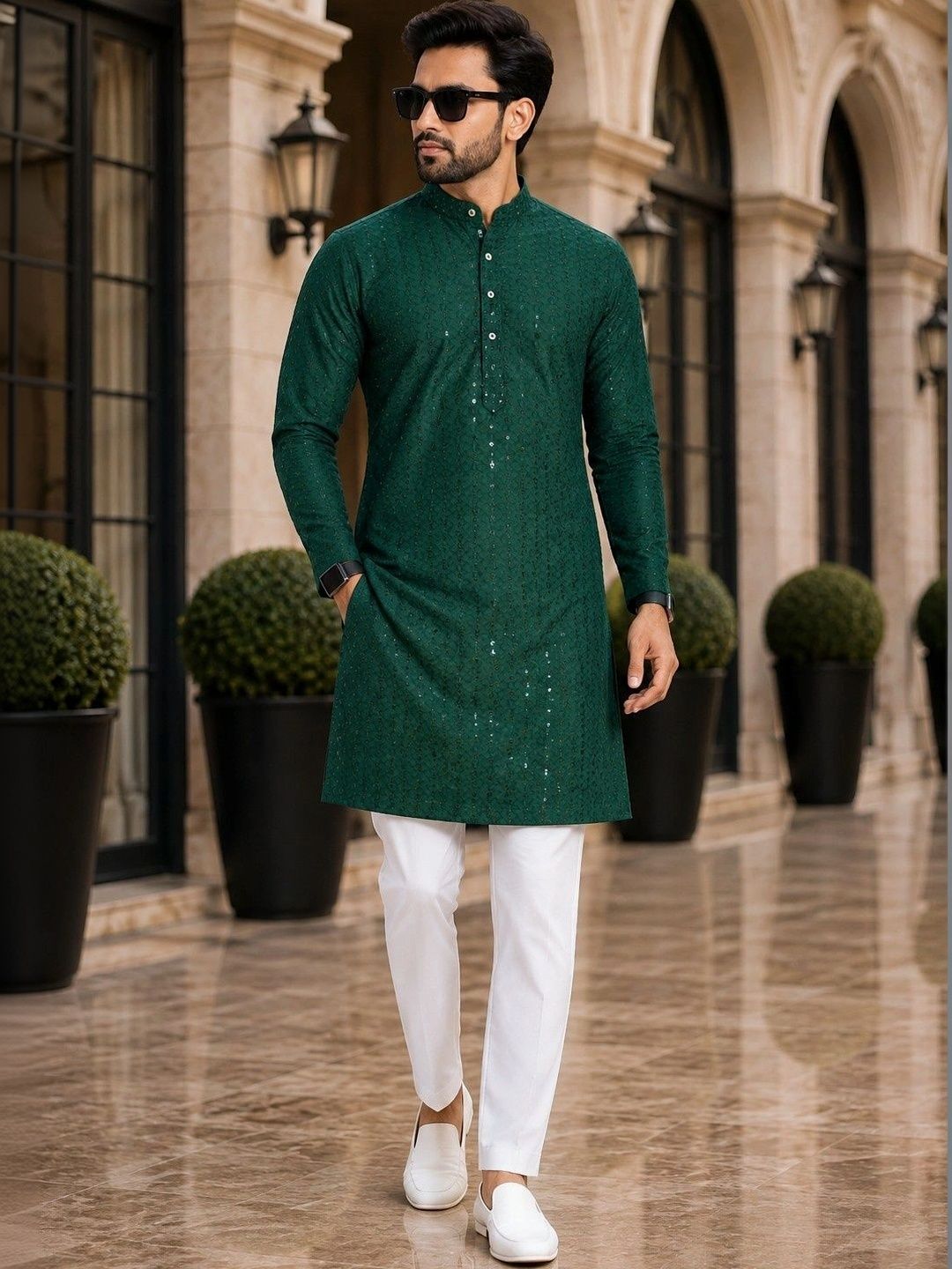 SKYWORRIX Men Embroidered Regular Sequinned Kurta with Trousers-picture-27