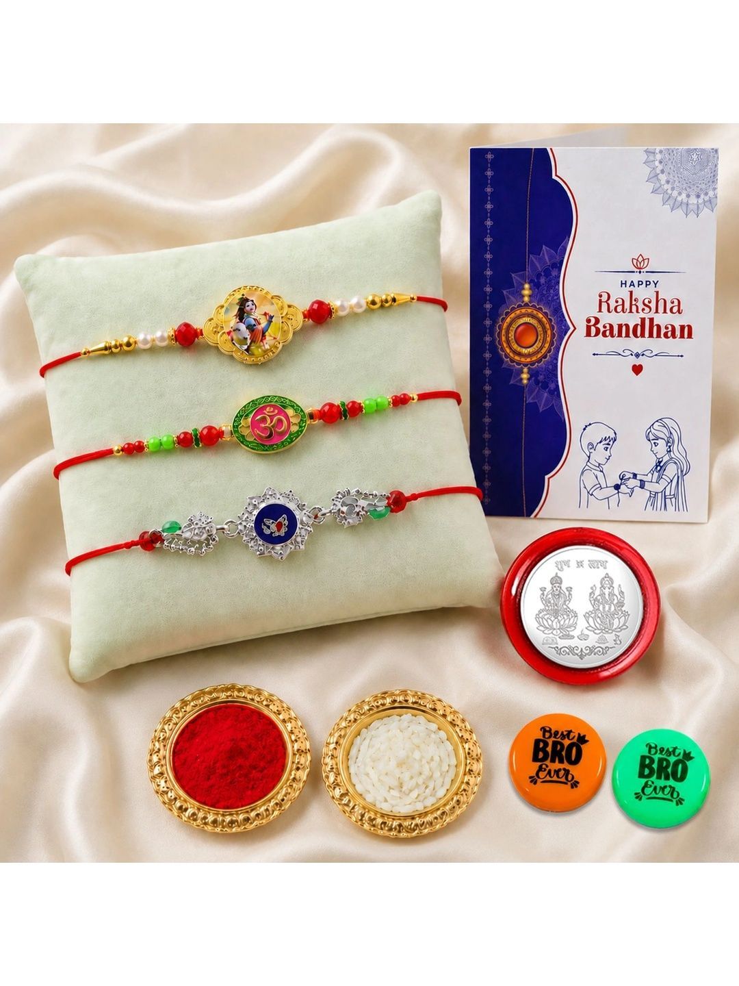 Myntra Elegant Homes Set of 9 Rakhi Gift Set With Silver Coin, Greeting Card & Roli Chawal-picture-32