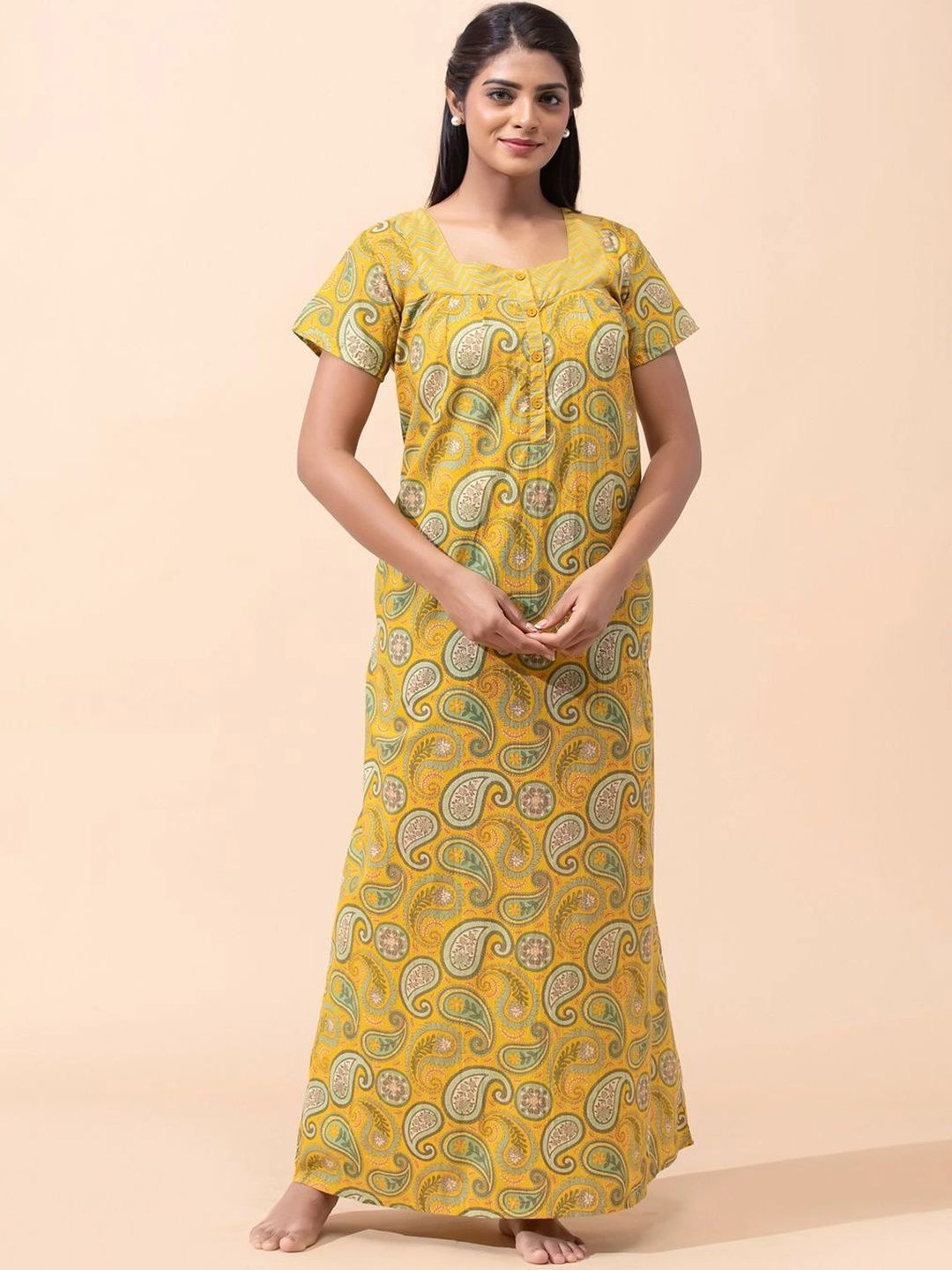 Maybell Women Yellow Paisley Printed Cotton Short Sleeve Square Neck Night Dress-picture-17